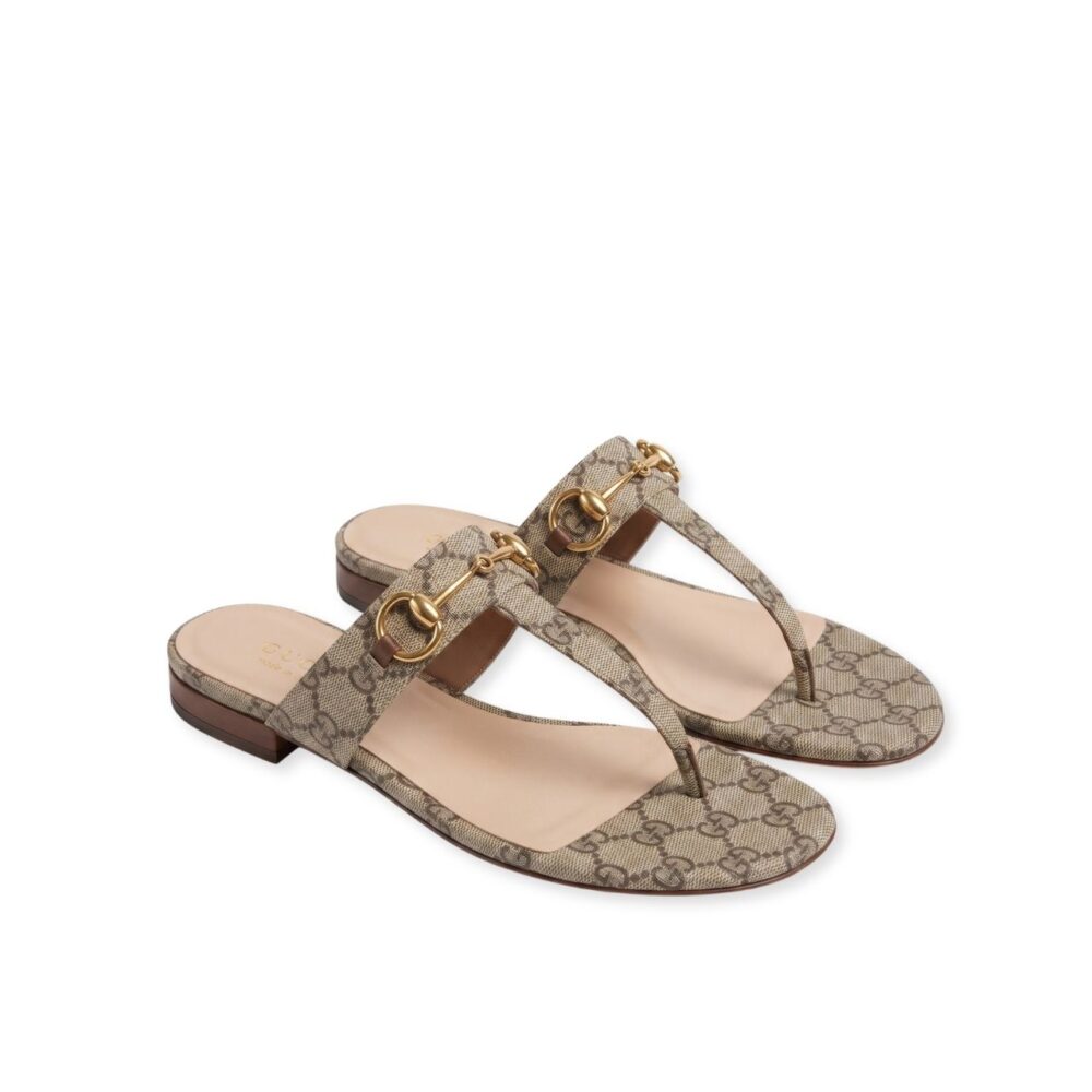 Gucci Horsebit T Strap Flat Sandal Beige