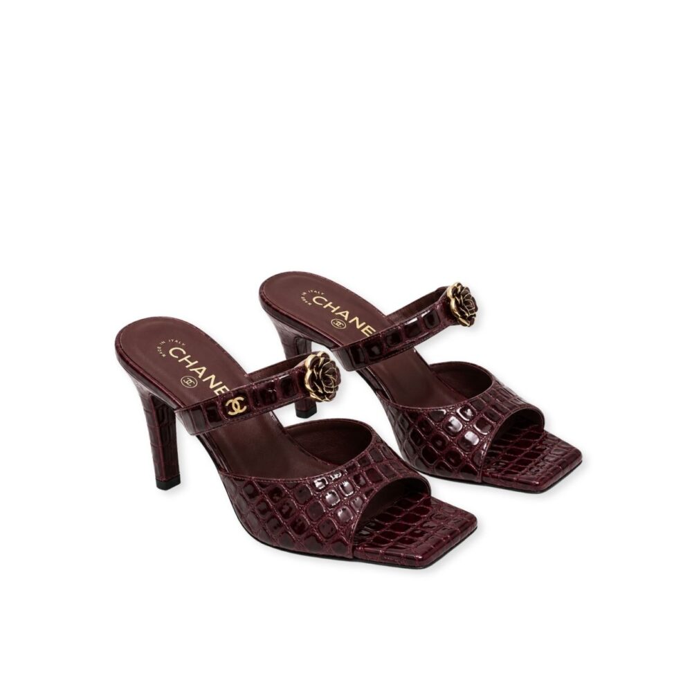Chanel Crocodile Embossed Mules Burgundy