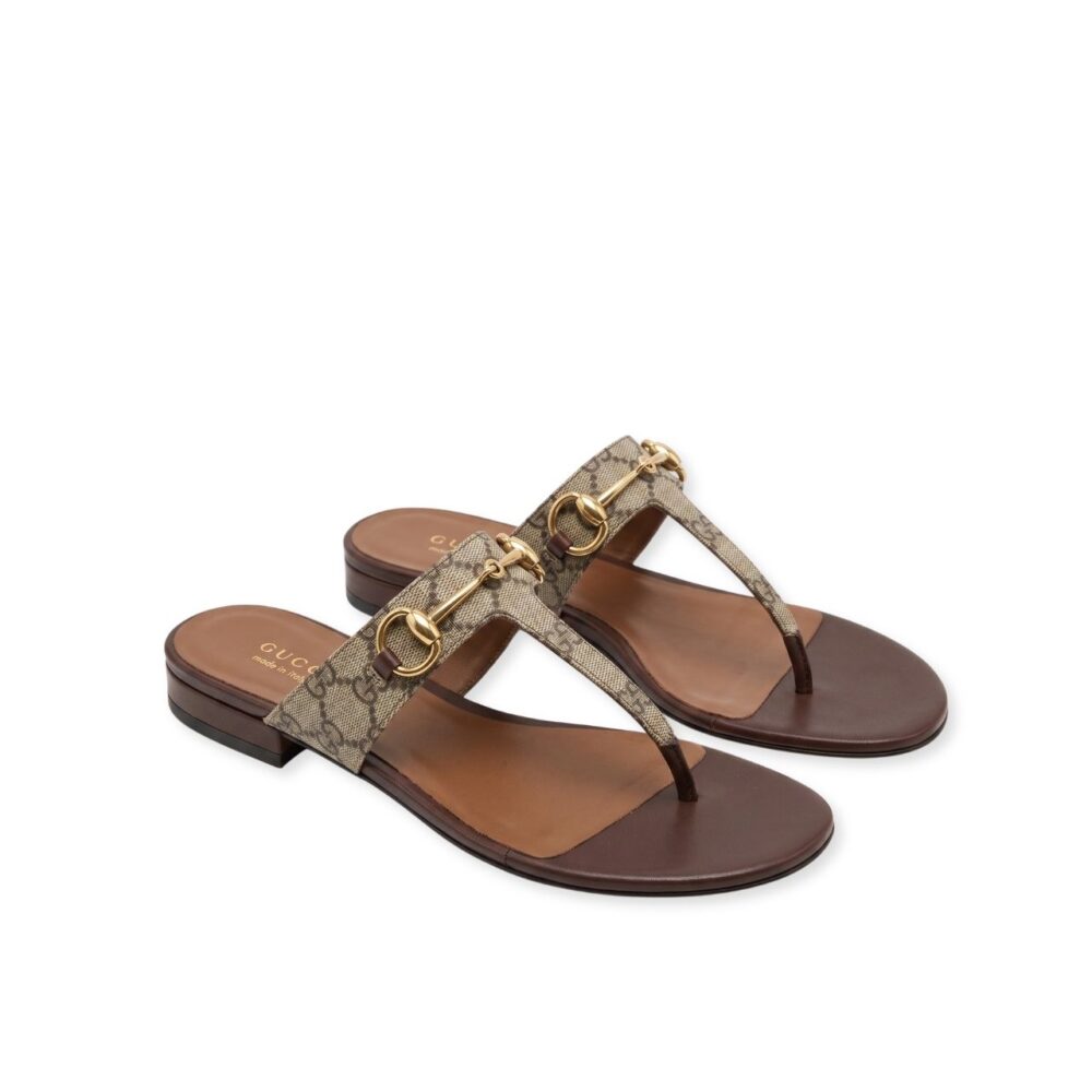 Gucci Horsebit Thong Strap Flat Sandal Brown