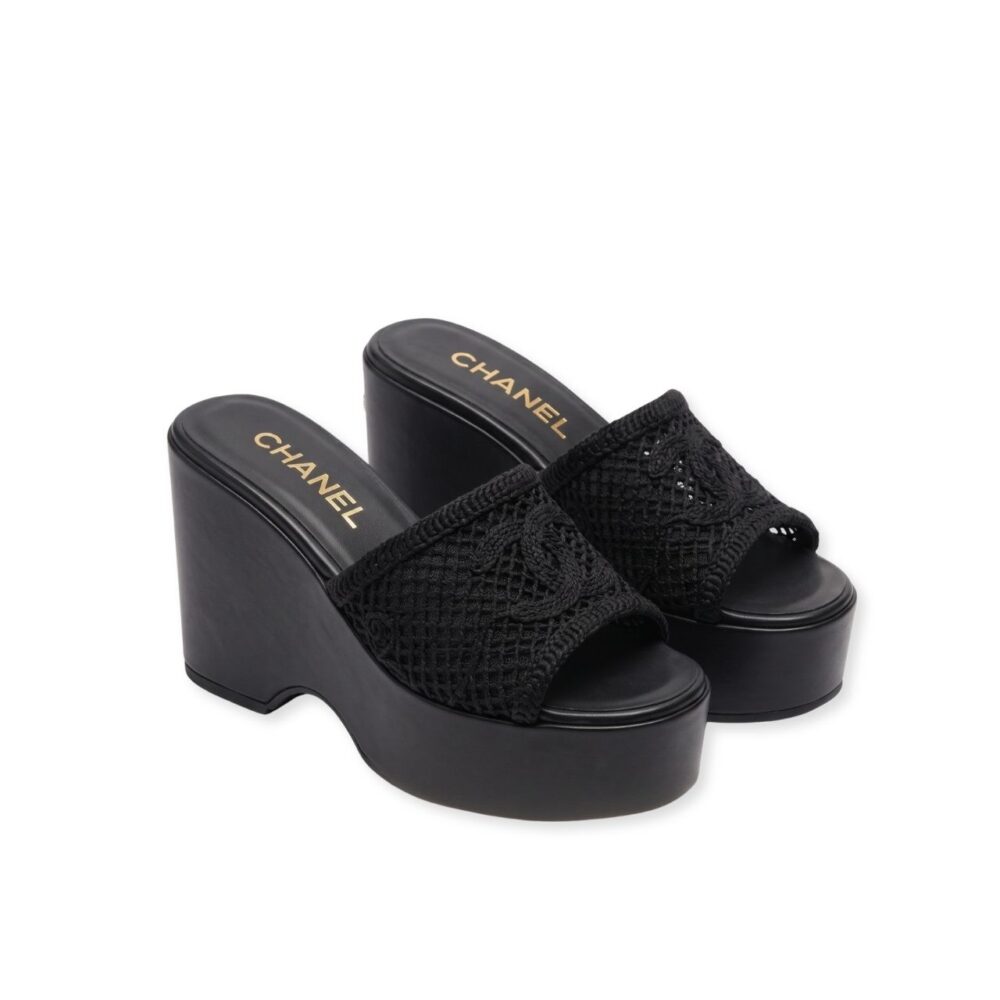 Chanel Crochet CC Platform Slide Sandals Black