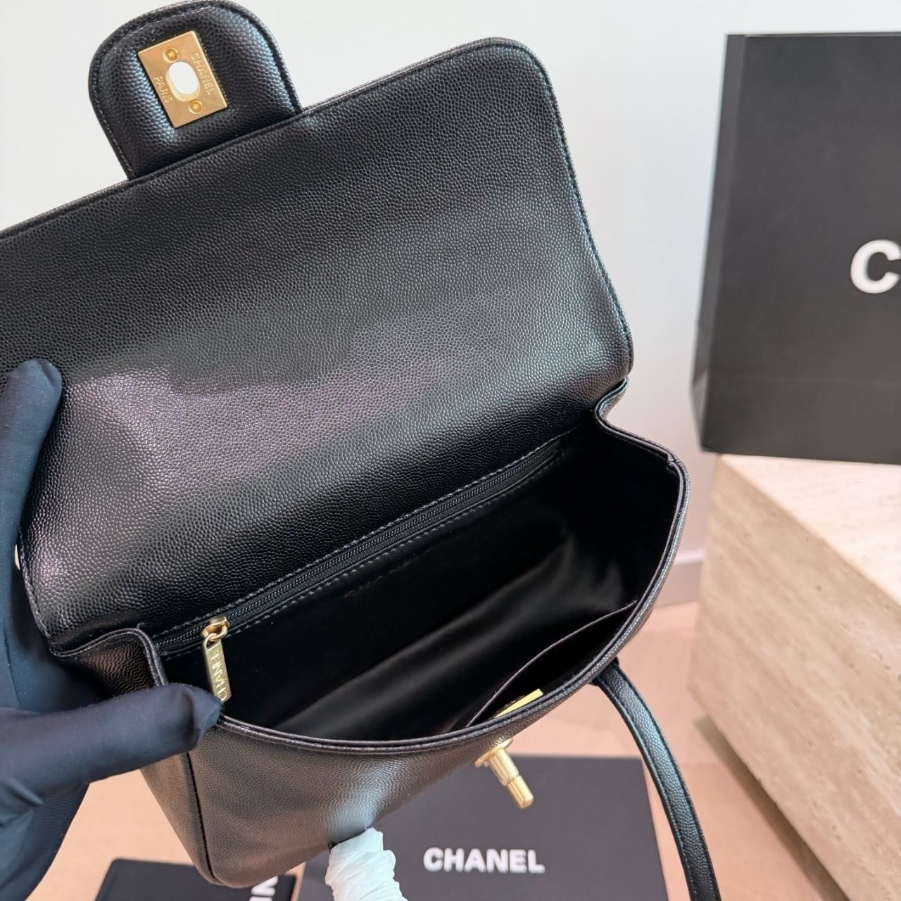 Chanel Small Flap Bag Grained Shiny Calfskin Gold-Tone Metal Black 15cm AS6130 B23483 U2366 - Image 3