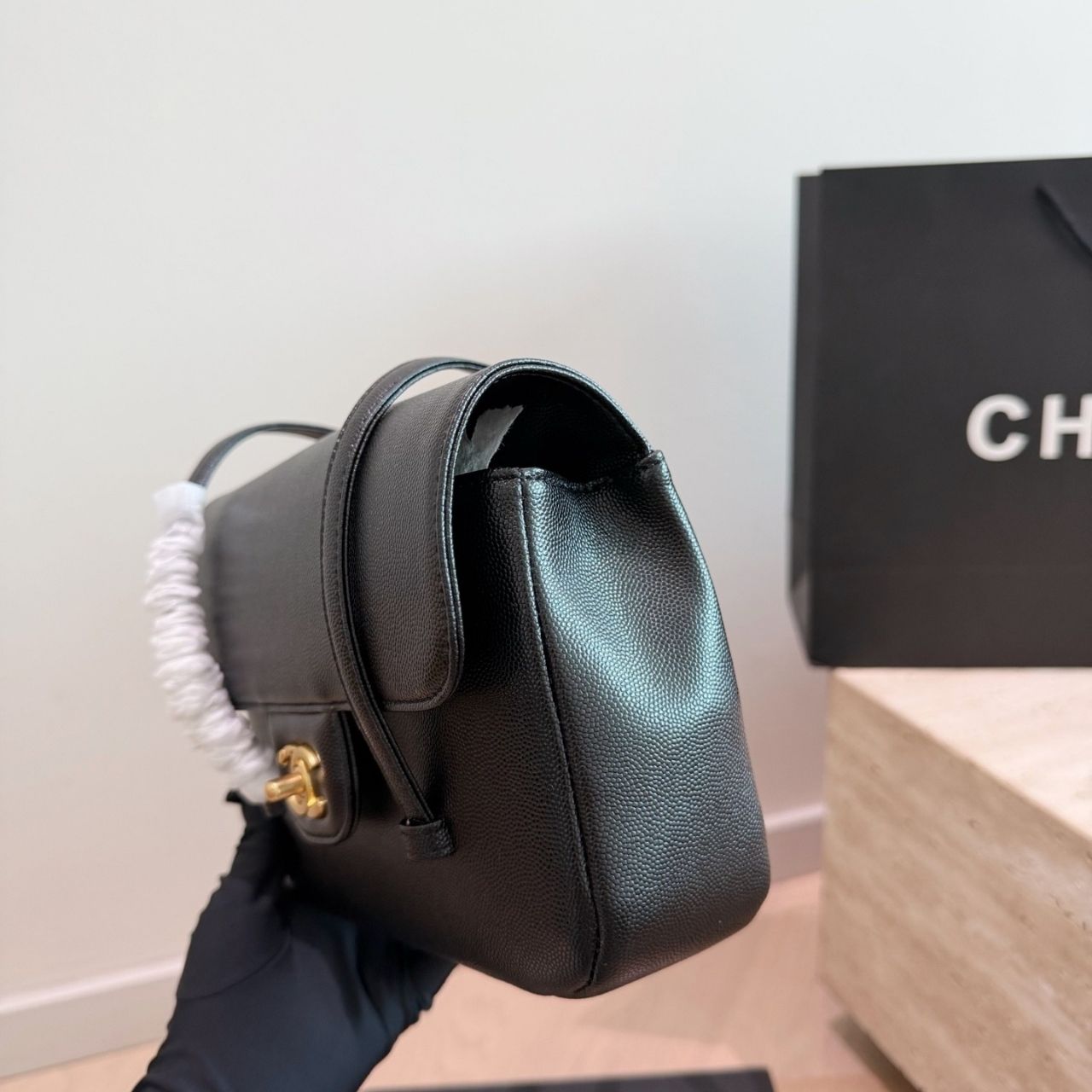 Chanel Small Flap Bag Grained Shiny Calfskin Gold-Tone Metal Black 15cm AS6130 B23483 U2366 - Image 4