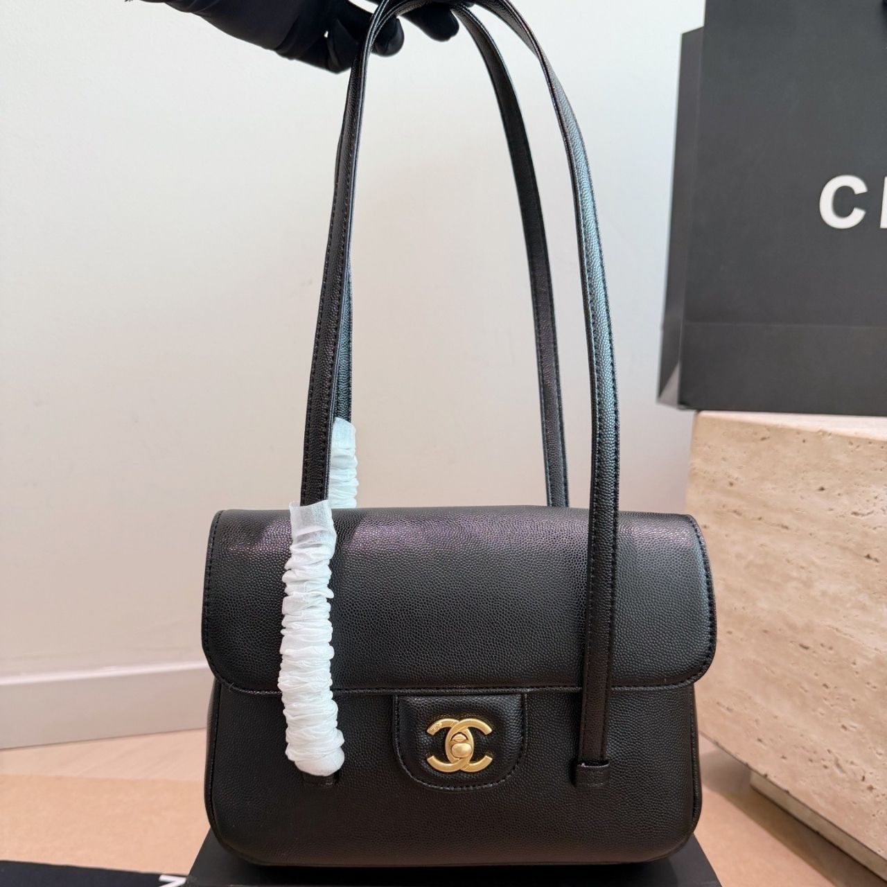 Chanel Small Flap Bag Grained Shiny Calfskin Gold-Tone Metal Black 15cm AS6130 B23483 U2366 - Image 2