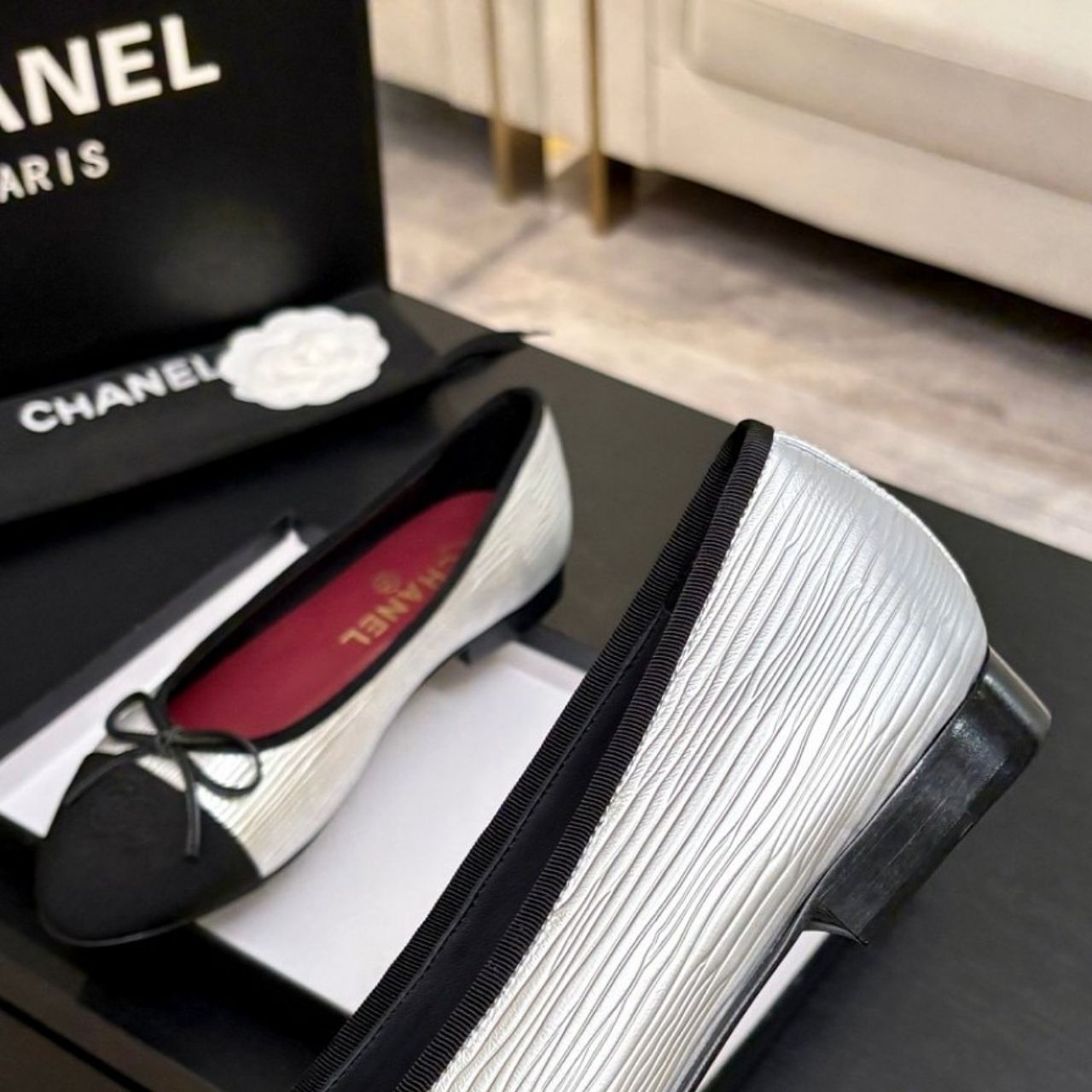 Chanel Cap Toe CC Ballerina Flats Silver - Image 5