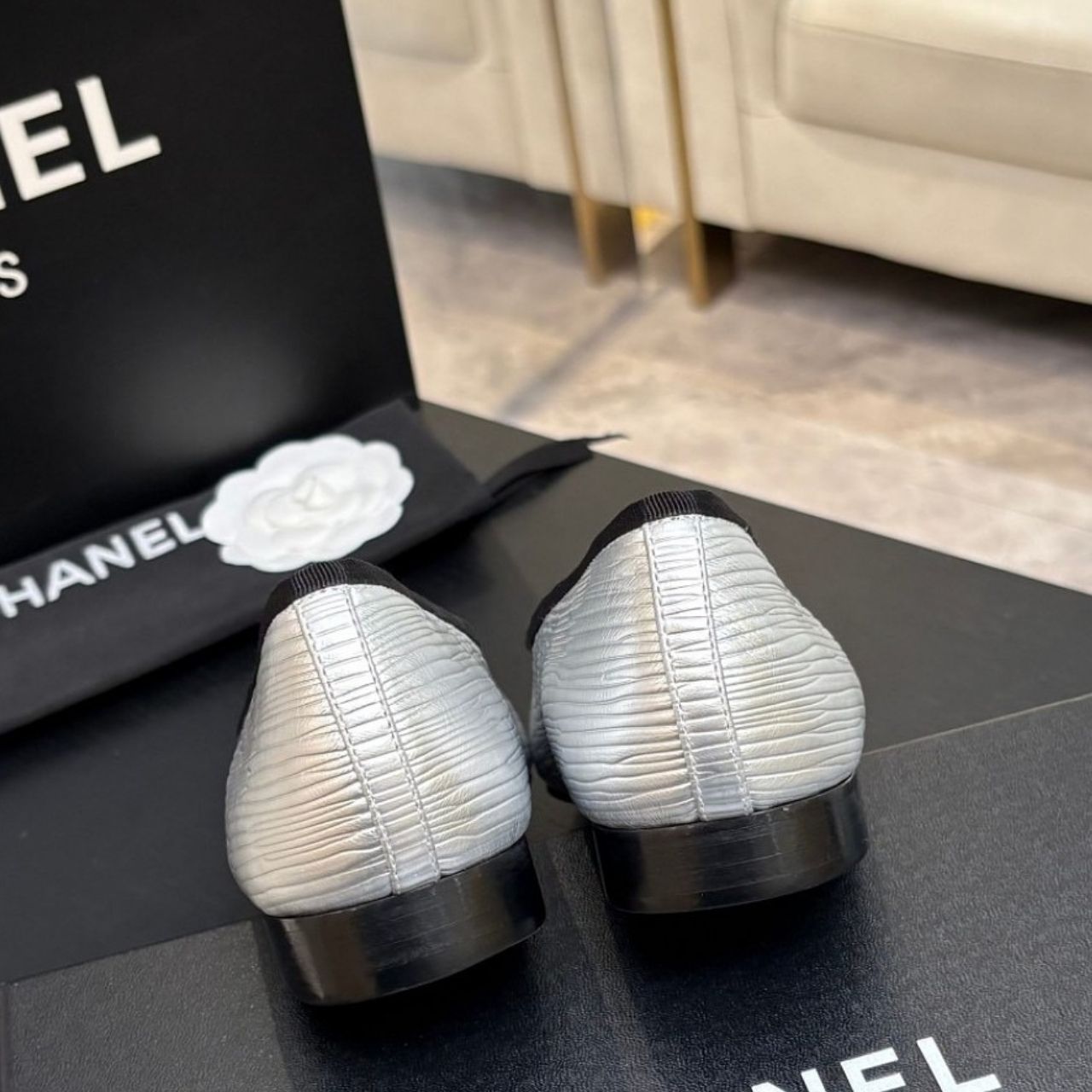 Chanel Cap Toe CC Ballerina Flats Silver - Image 3