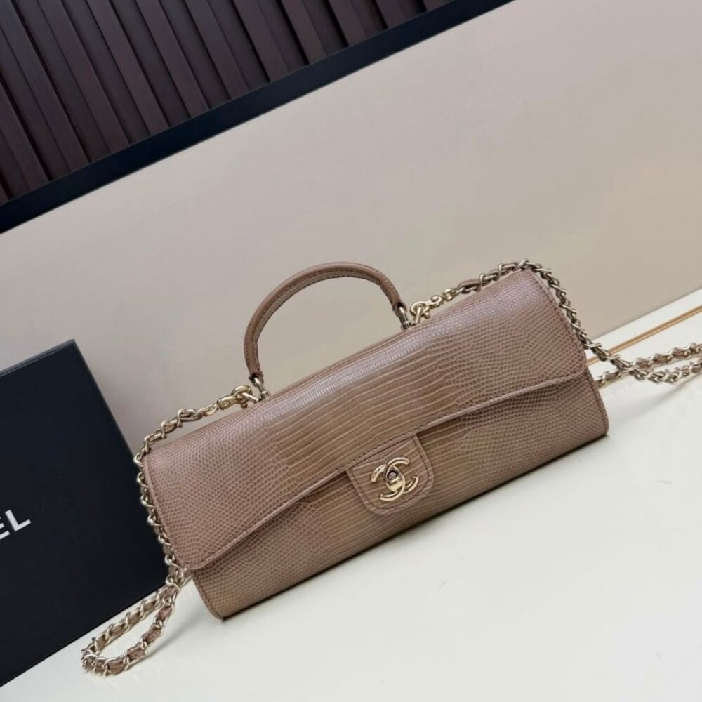 Alternative view of Chanel Calfskin Lizard Embossed Clutch With Chain Dark Khaki 25cm