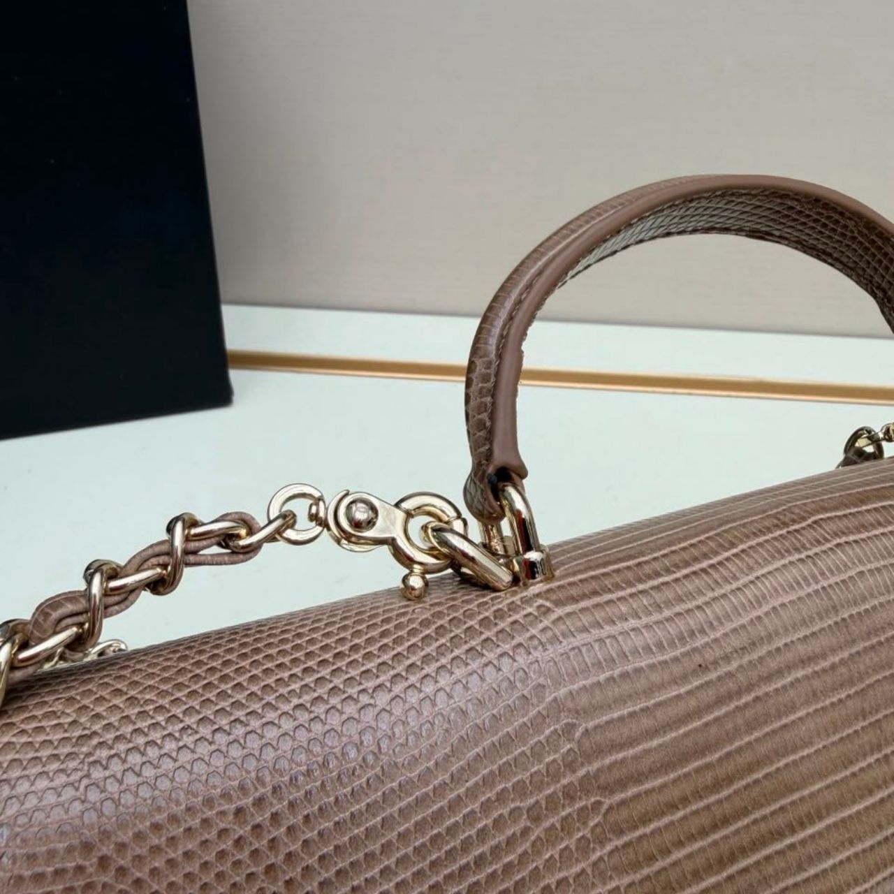 Chanel Calfskin Lizard Embossed Clutch With Chain Dark Khaki 25cm - Image 9