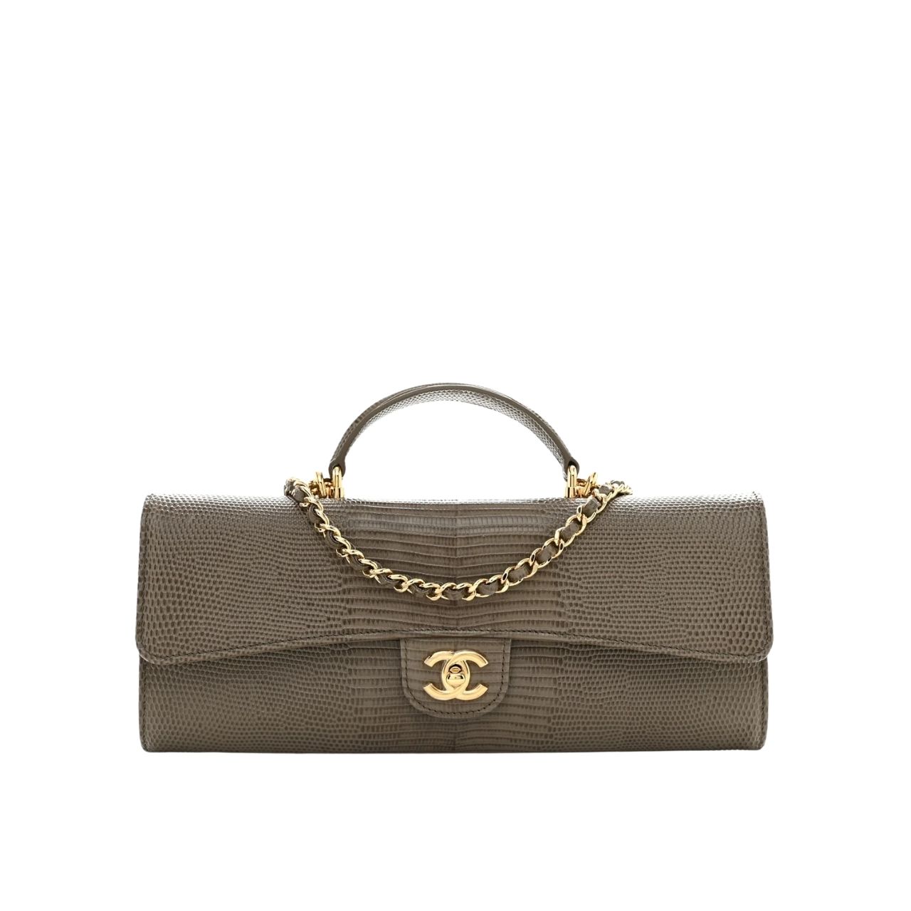 Chanel Calfskin Lizard Embossed Clutch With Chain Dark Khaki 25cm