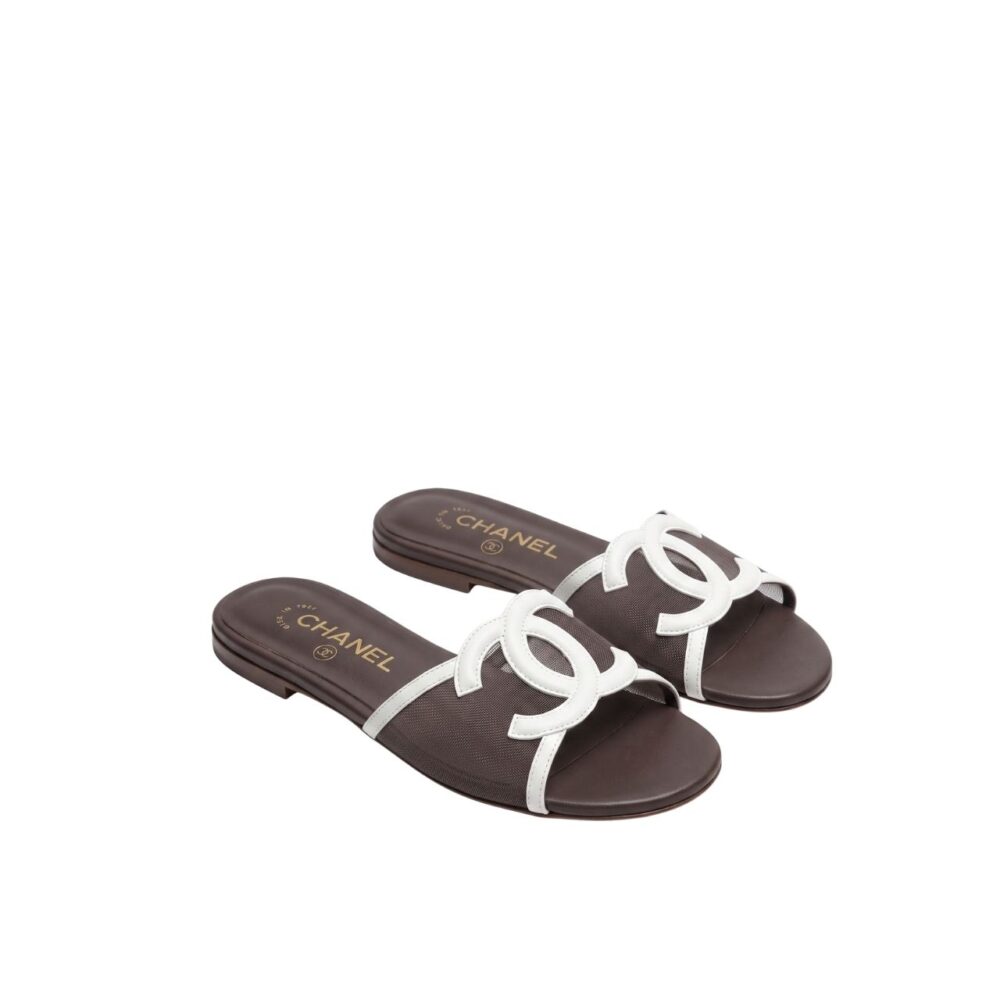 Chanel Flat Slides Brown White