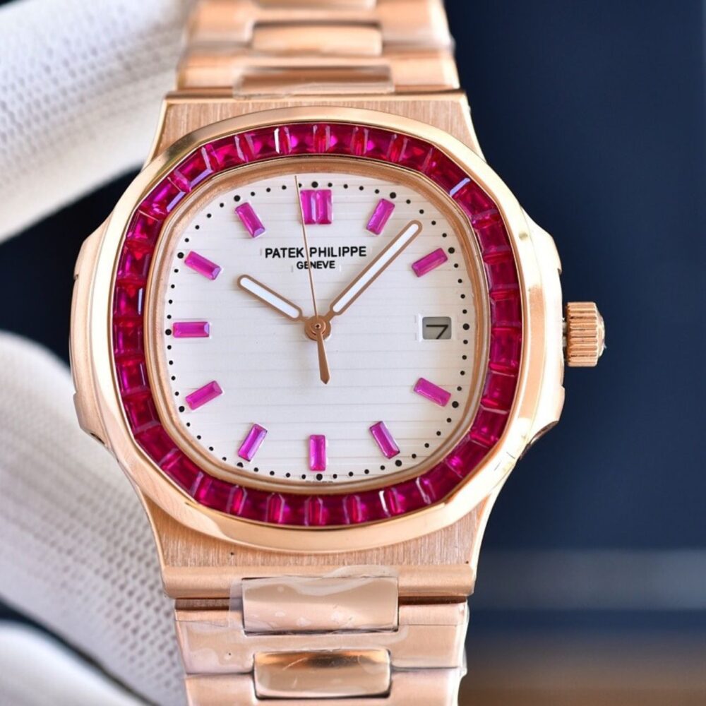 Alternative view of Patek Philippe Nautilus Ruby Bezel White Dial 40mm 5723 112R 001