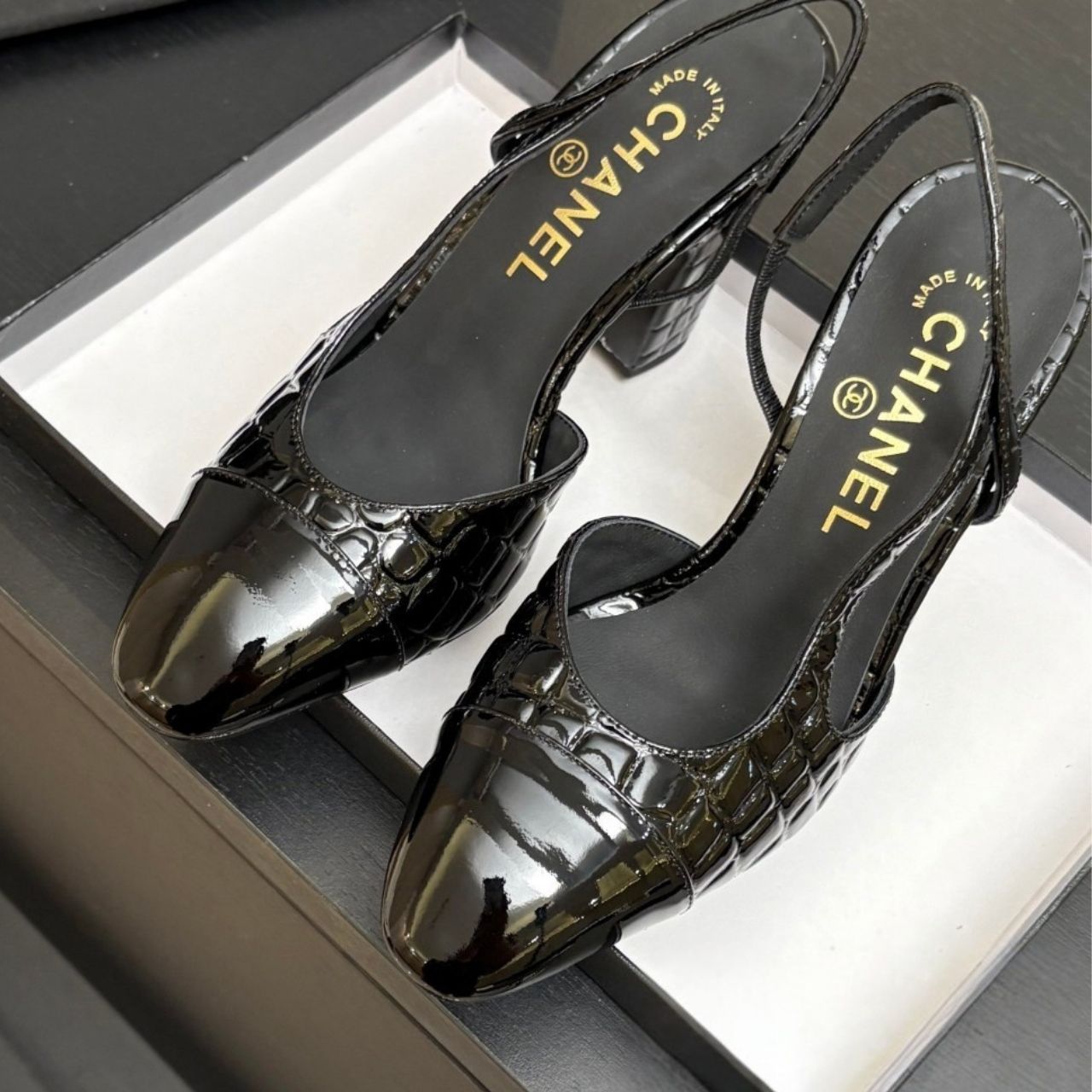 Chanel Calfskin Crocodile Embossed Patent Cap Toe CC Slingback Sandals Black - Image 7