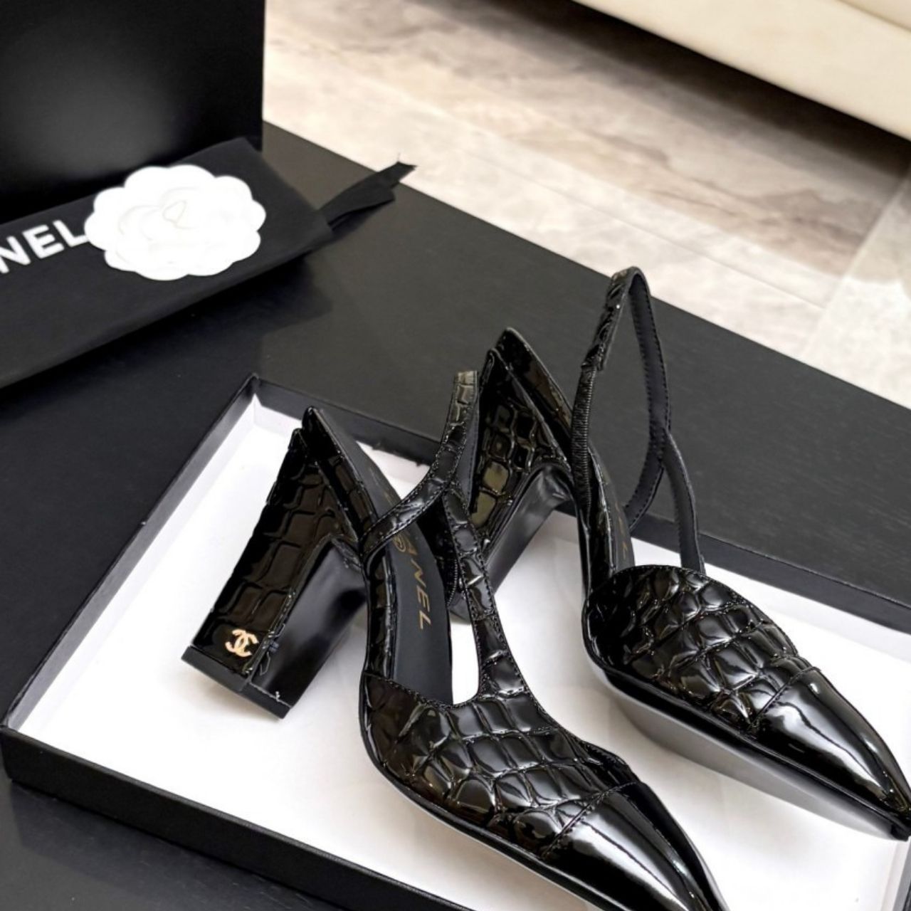 Chanel Calfskin Crocodile Embossed Patent Cap Toe CC Slingback Sandals Black - Image 6