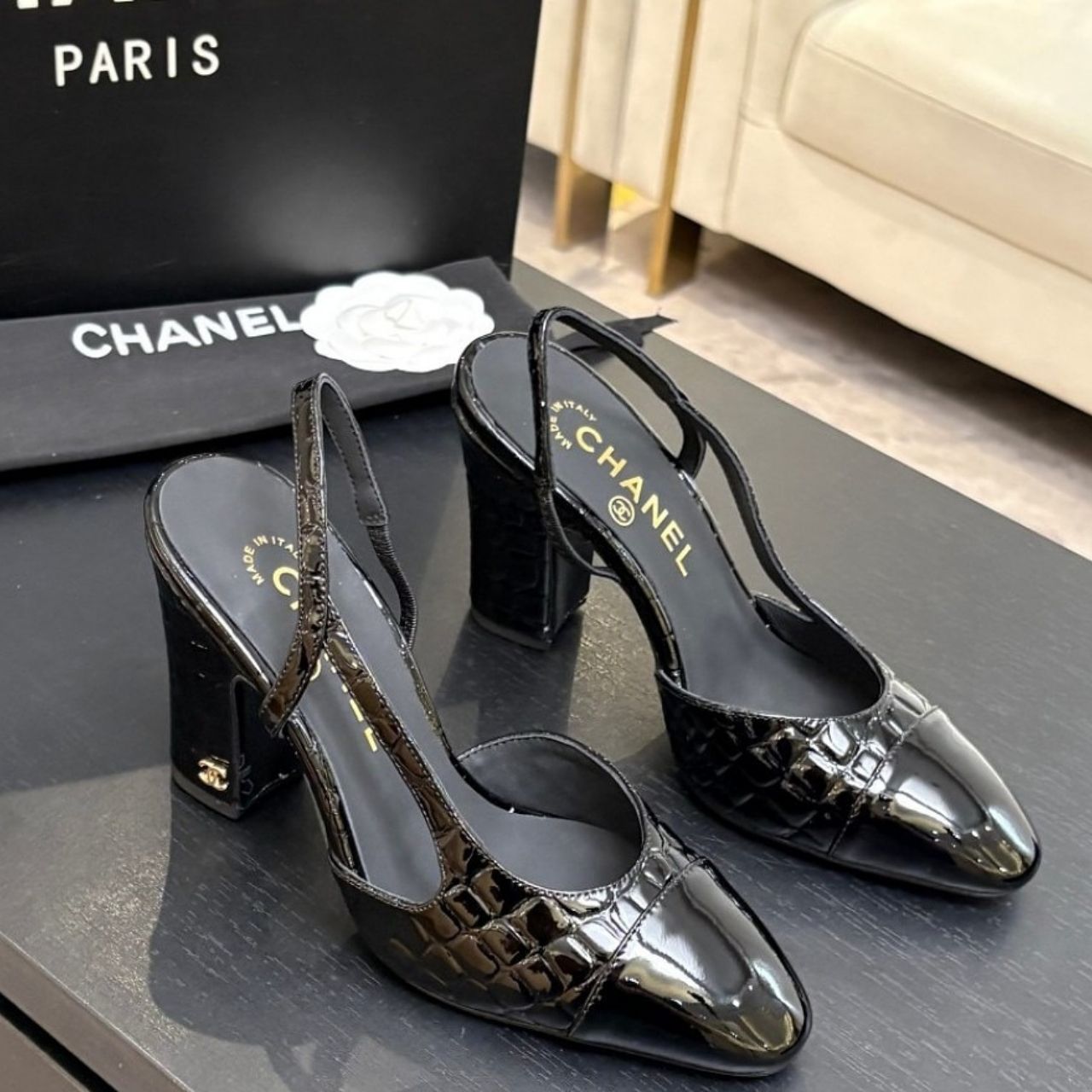 Chanel Calfskin Crocodile Embossed Patent Cap Toe CC Slingback Sandals Black - Image 5