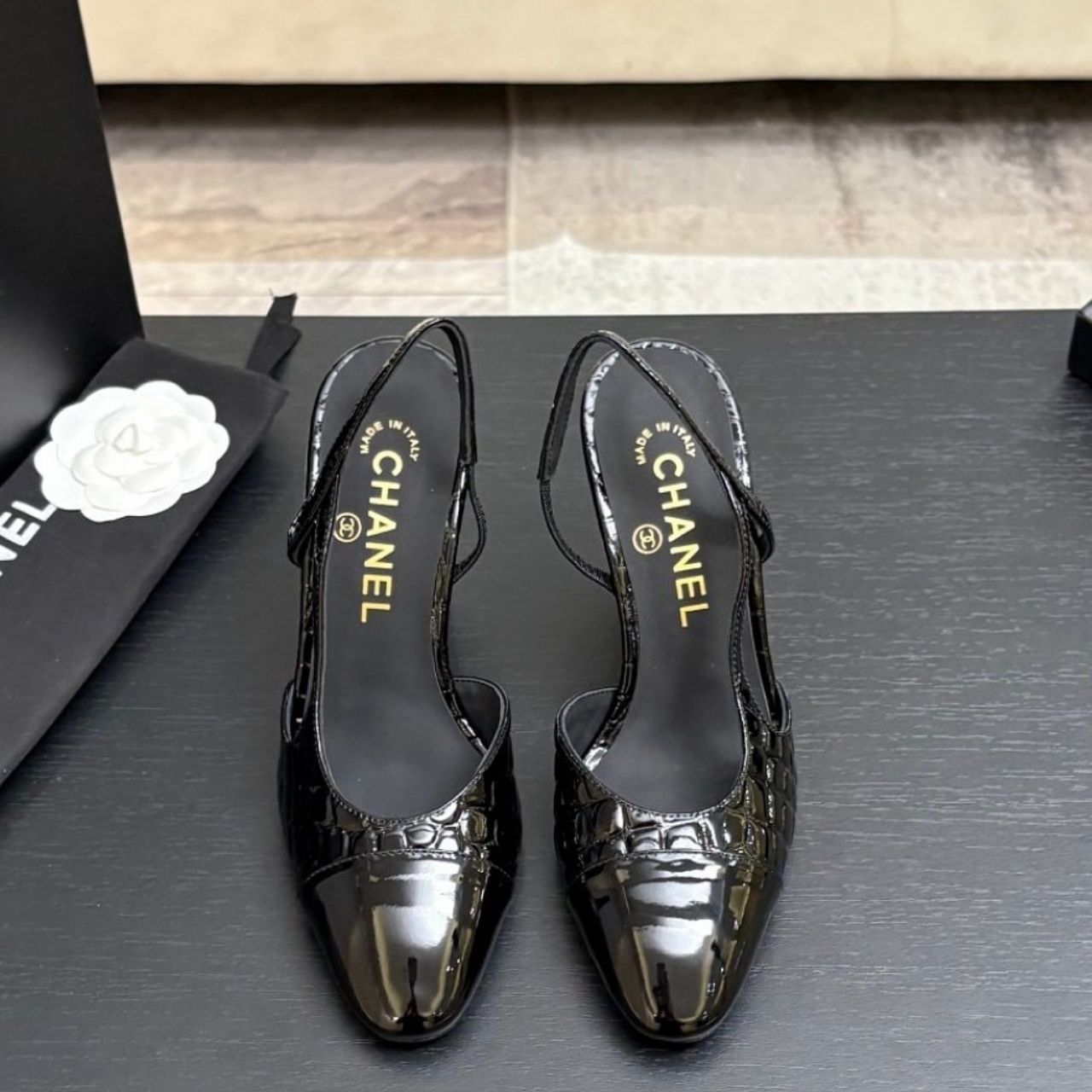 Chanel Calfskin Crocodile Embossed Patent Cap Toe CC Slingback Sandals Black - Image 3