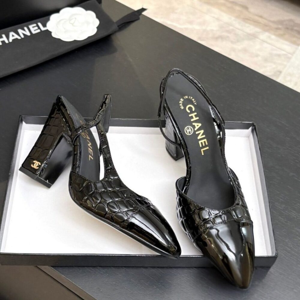 Alternative view of Chanel Calfskin Crocodile Embossed Patent Cap Toe CC Slingback Sandals Black