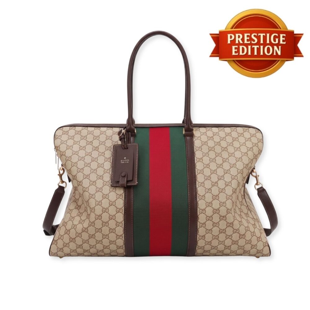 Prestige Edition – Gucci Medium GG Duffle Bag With Web Sand And Dark Brown 47cm