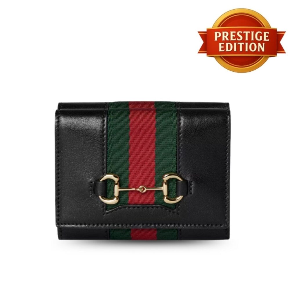 Prestige Edition – Gucci Horsebit Web Small Tri-fold Wallet Black 10cm 867131 AAGF7 1053