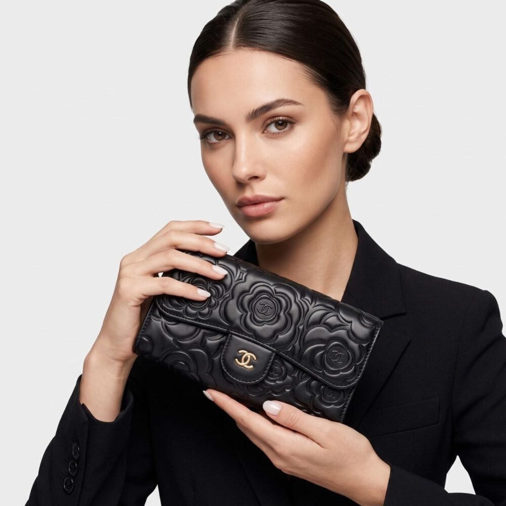 Alternative view of Chanel Camellia Embossed Flap Wallet Black 19Cm