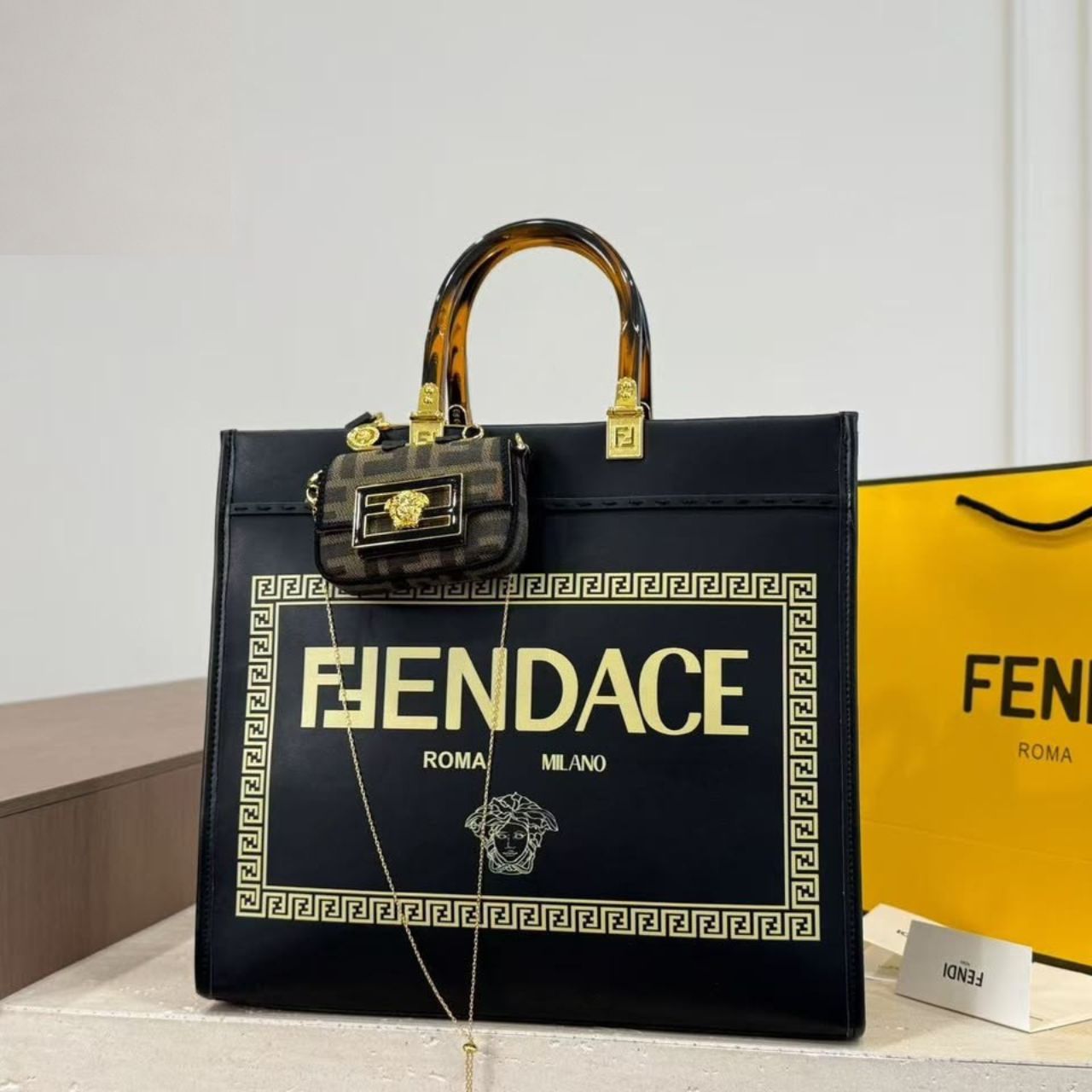 Fendi X Versace Fendace Sunshine Medium Shopper Tote Bag Black 35Cm - Image 3