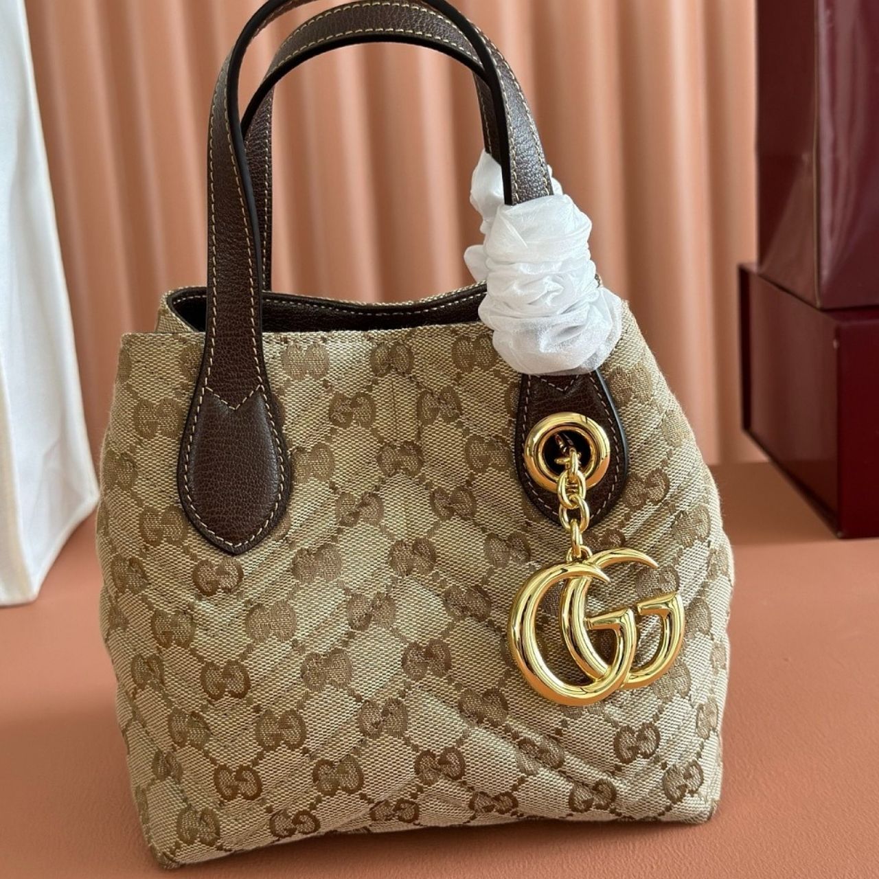Gucci GG Marmont Small Tote Bag Sand And Dark Brown 30cm - Image 7