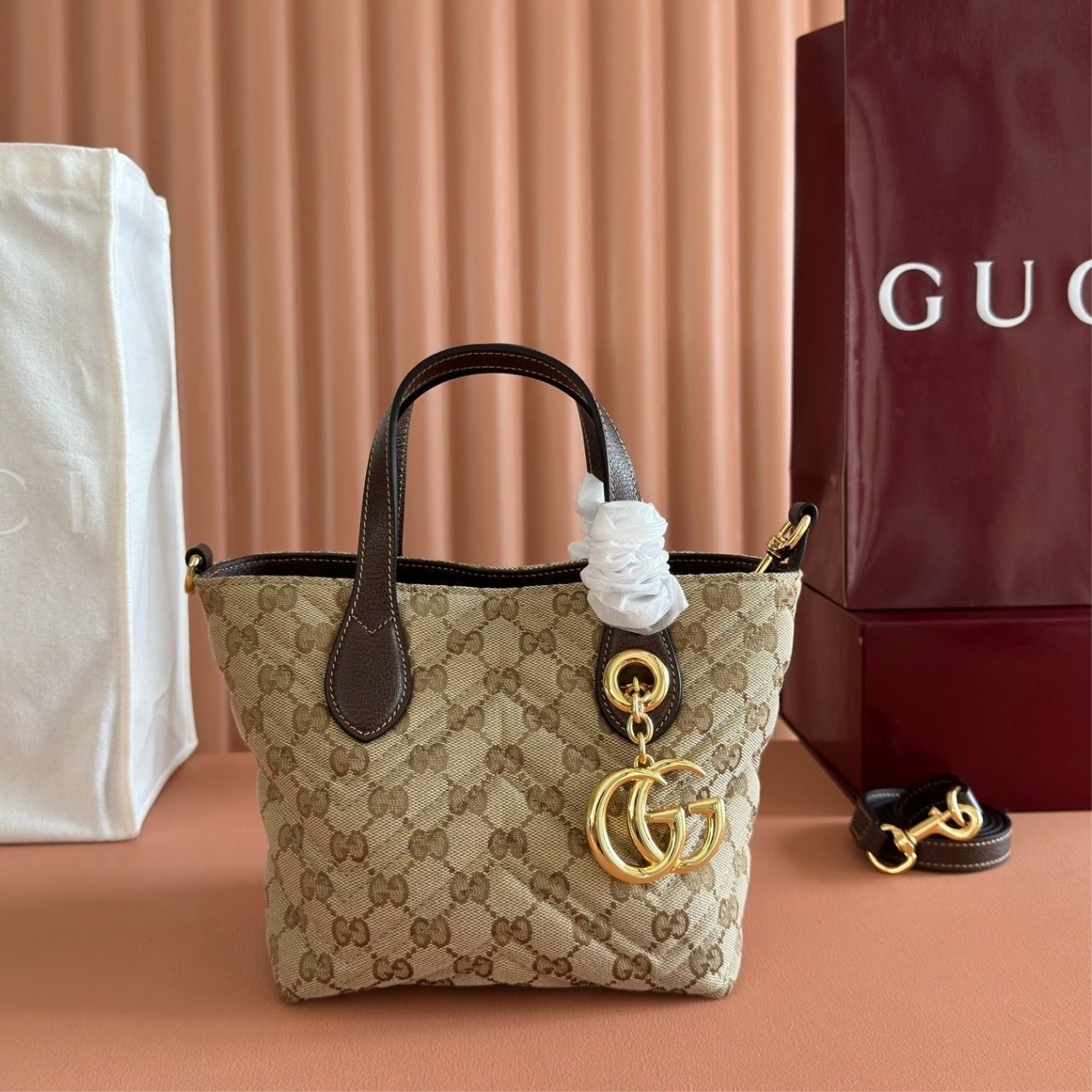 Gucci GG Marmont Small Tote Bag Sand And Dark Brown 30cm - Image 4