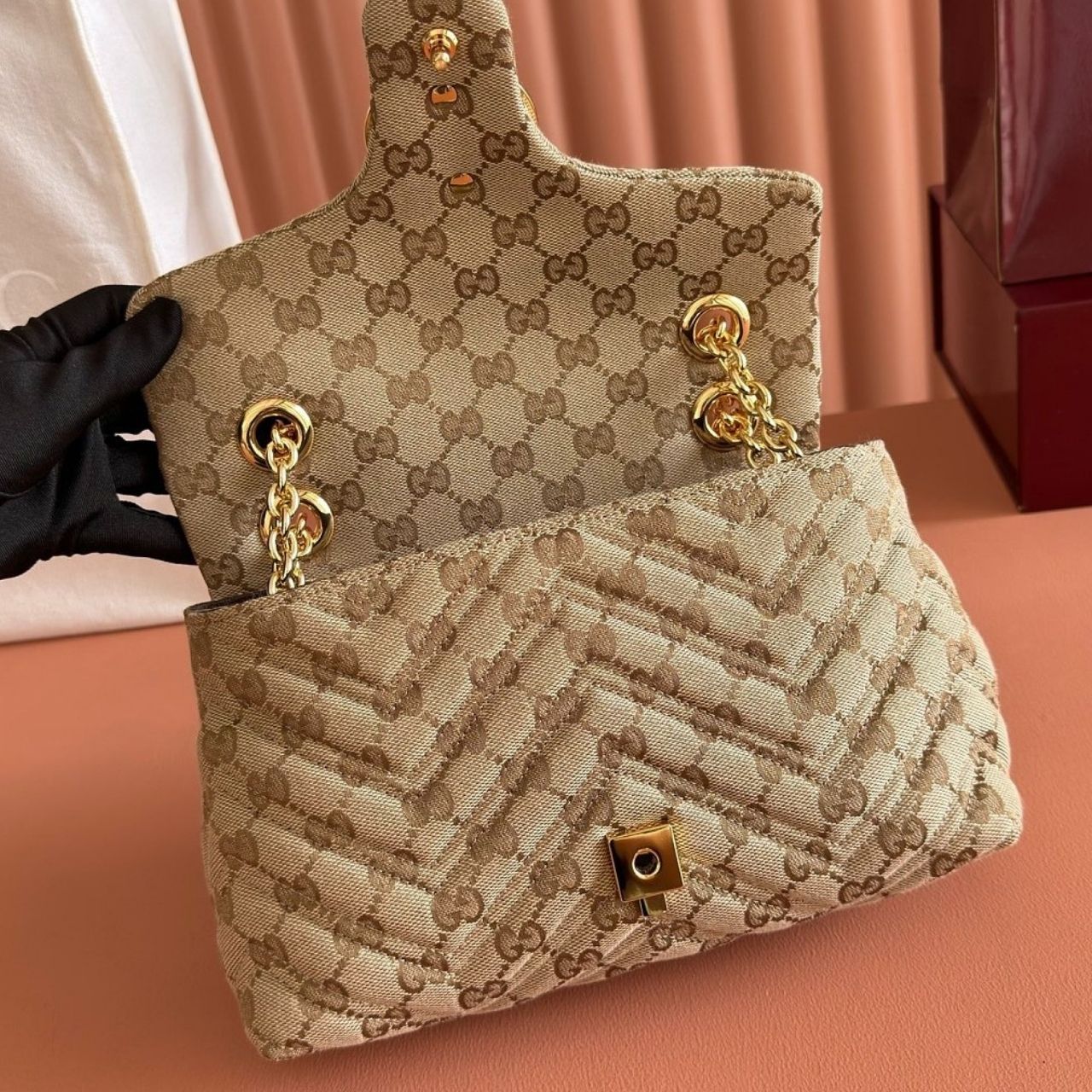 Gucci GG Marmont Small Shoulder Bag Beige GG Canvas 23Cm - Image 7