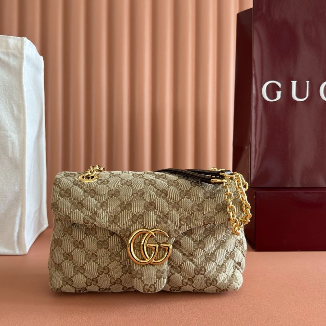 Gucci GG Marmont Small Shoulder Bag Beige GG Canvas 23Cm - Image 4