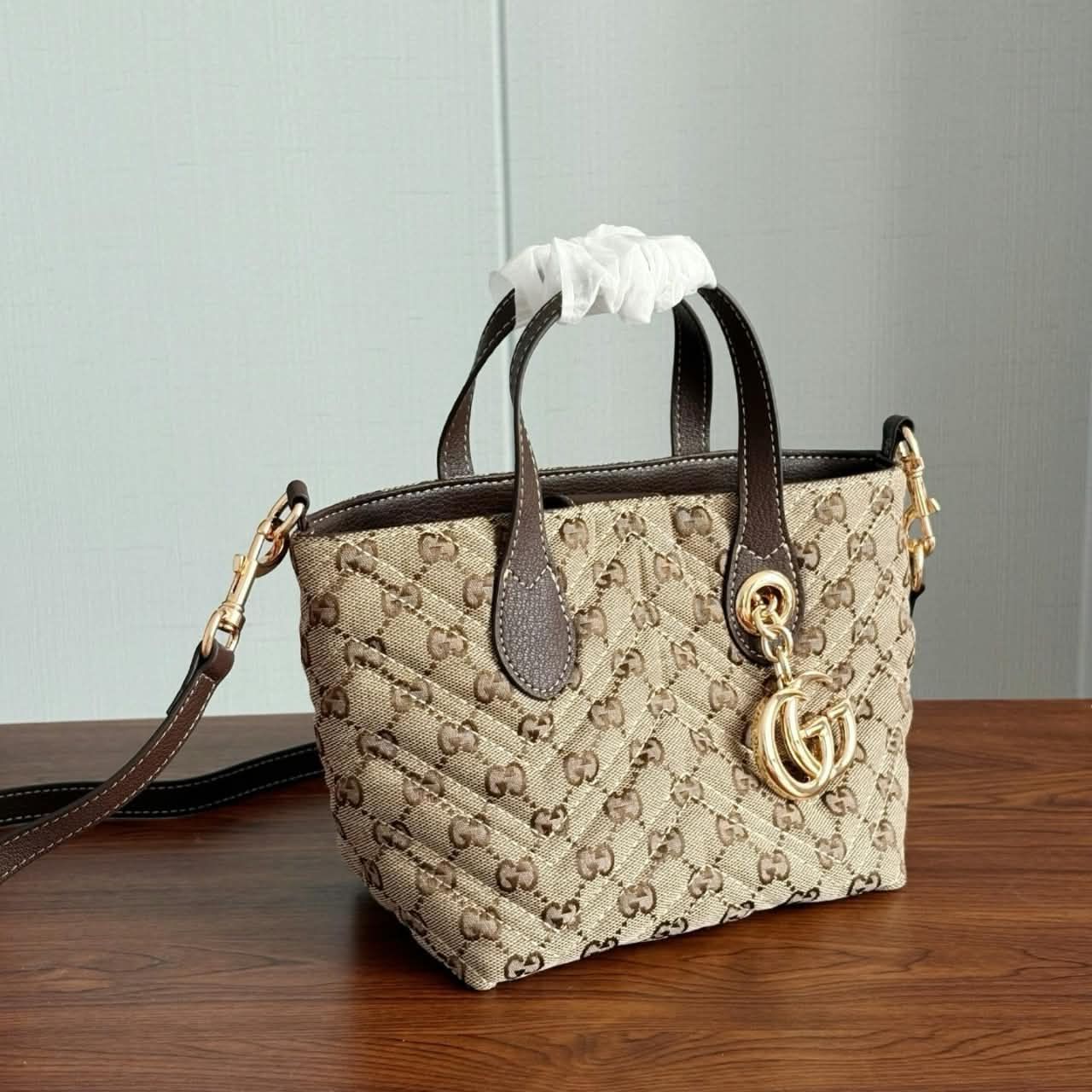 Gucci GG Marmont Small Tote Bag Sand And Dark Brown 17.5cm - Image 5