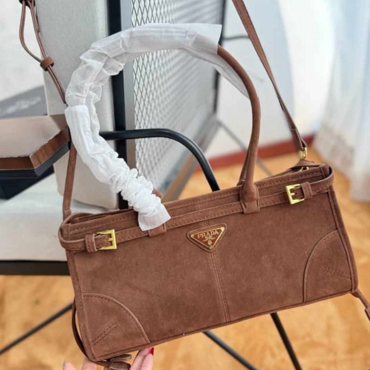 Prada Bonnie Medium Suede Handbag Cinnamon 32cm - Image 3