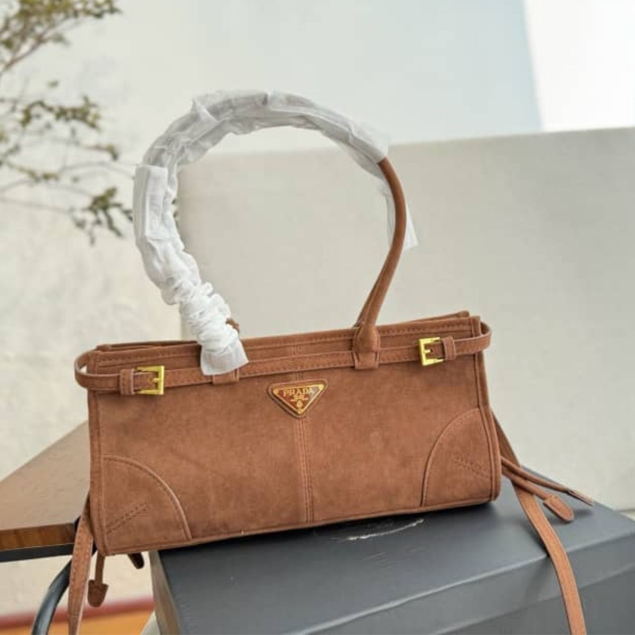Prada Bonnie Medium Suede Handbag Cinnamon 32cm - Image 6