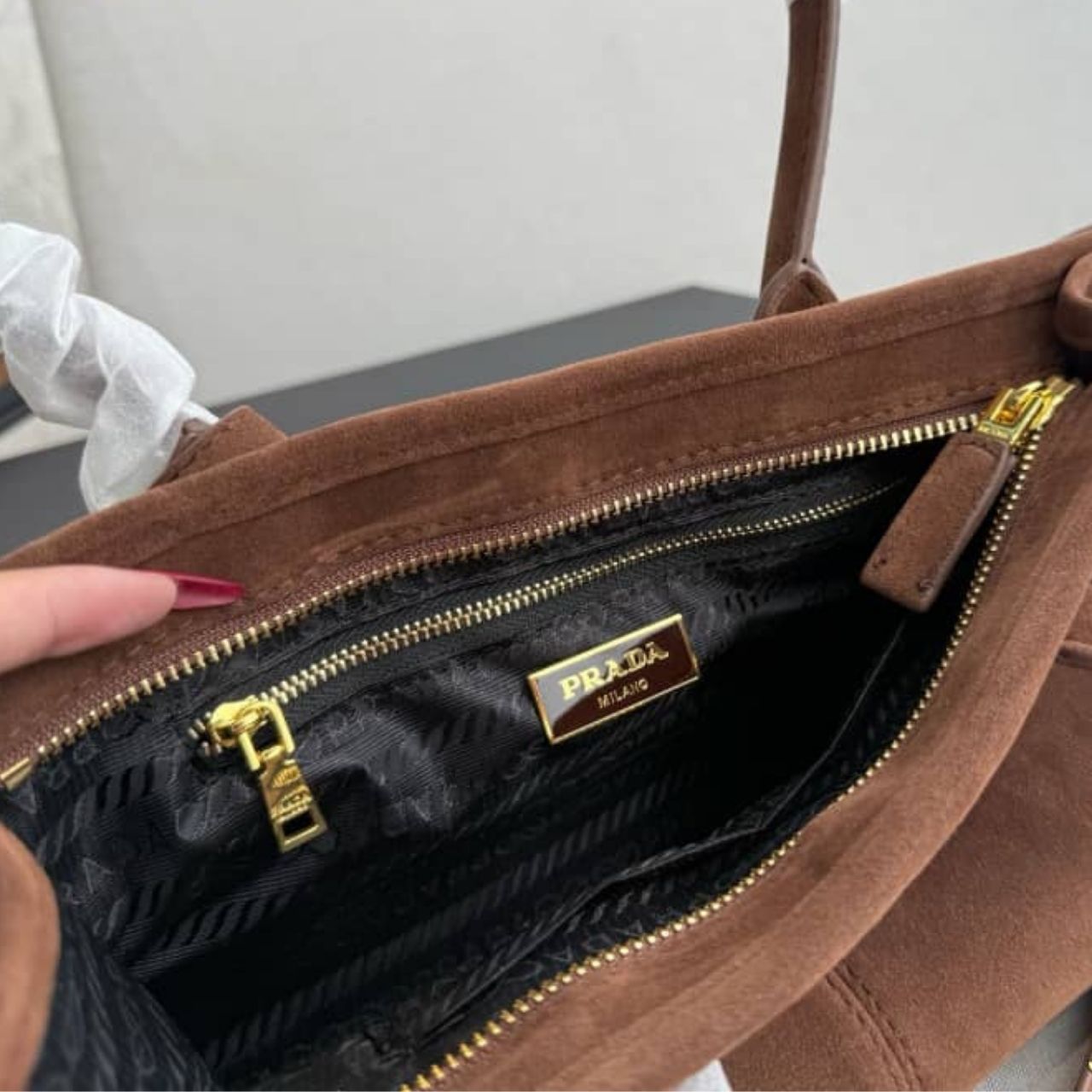 Prada Bonnie Medium Suede Handbag Cinnamon 32cm - Image 9