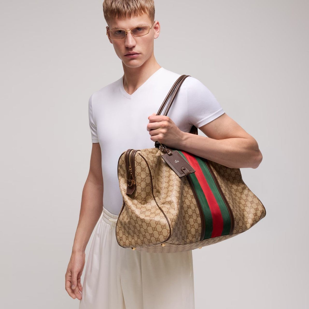 Prestige Edition – Gucci Medium GG Duffle Bag With Web Sand And Dark Brown 47cm - Image 2