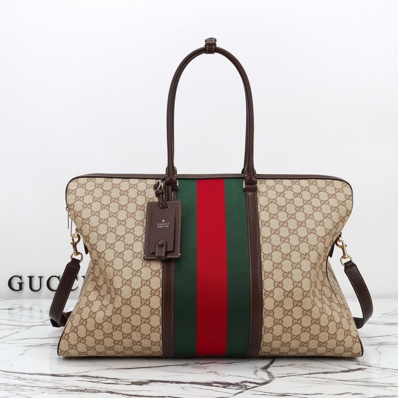 Prestige Edition – Gucci Medium GG Duffle Bag With Web Sand And Dark Brown 47cm - Image 3