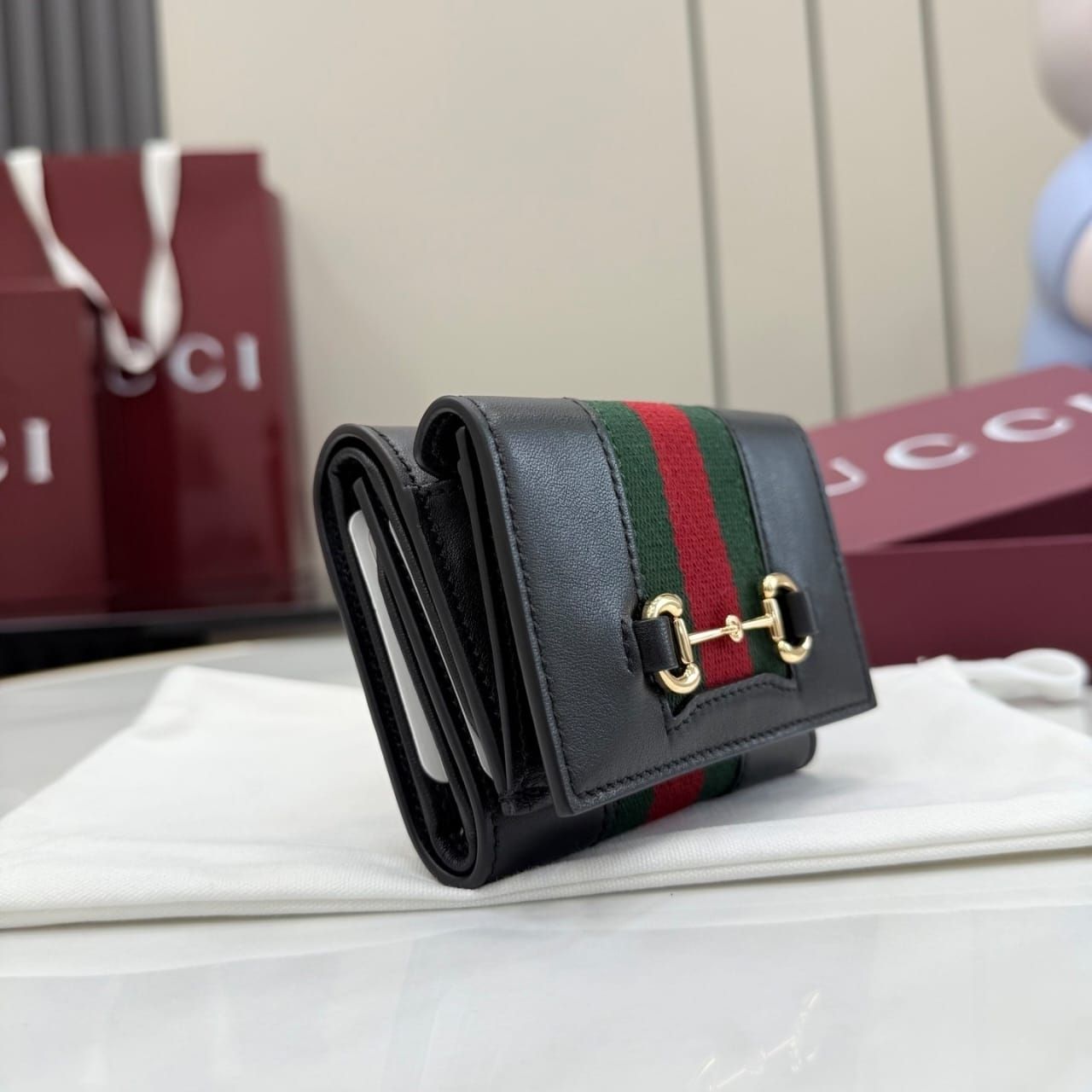 Prestige Edition – Gucci Horsebit Web Small Tri-fold Wallet Black 10cm 867131 AAGF7 1053 - Image 4