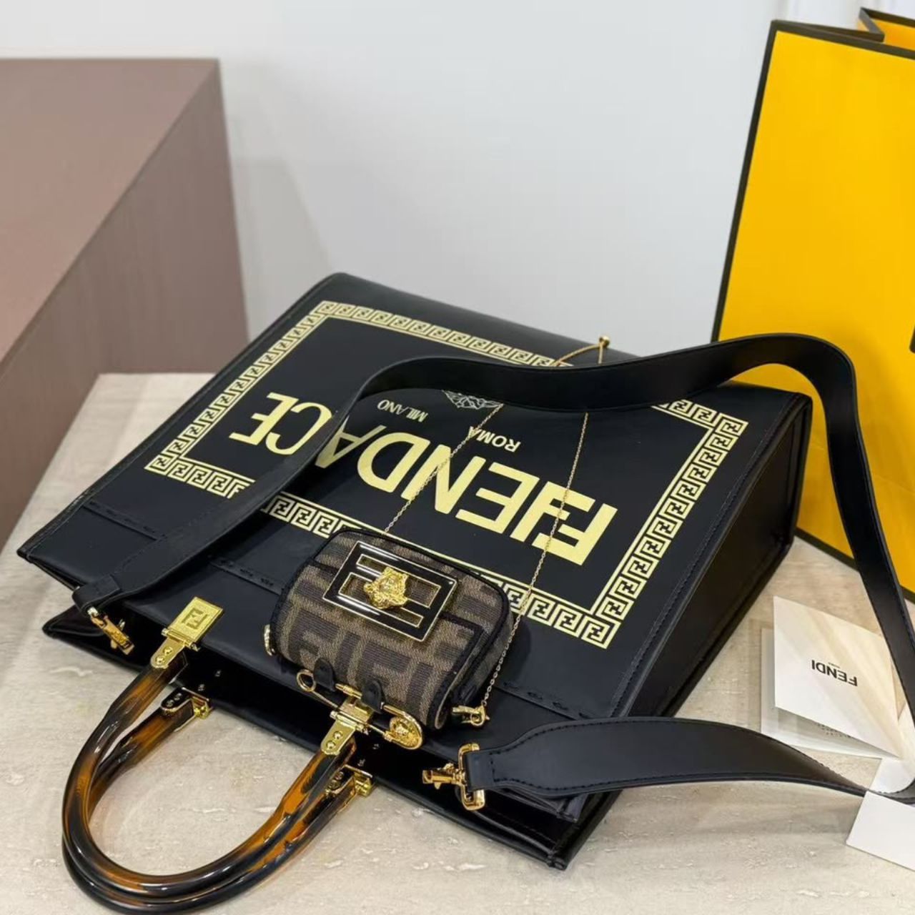 Fendi X Versace Fendace Sunshine Medium Shopper Tote Bag Black 35Cm - Image 6