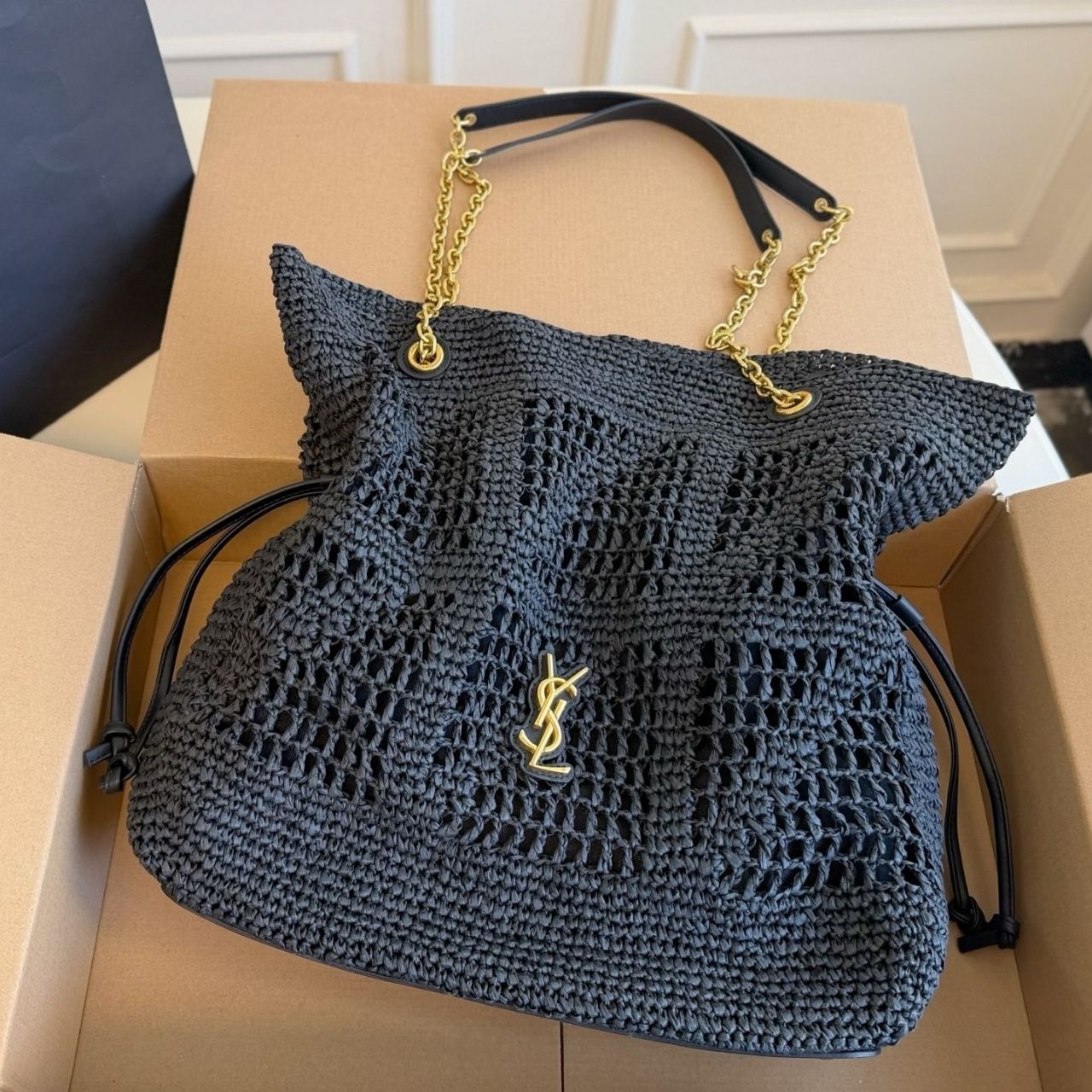 Saint Laurent Jamie Large Raffia Tote Bag Black 38Cm - Image 9