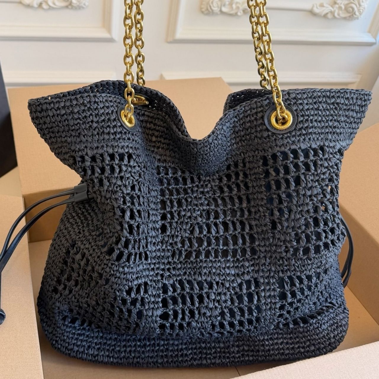 Saint Laurent Jamie Large Raffia Tote Bag Black 38Cm - Image 5