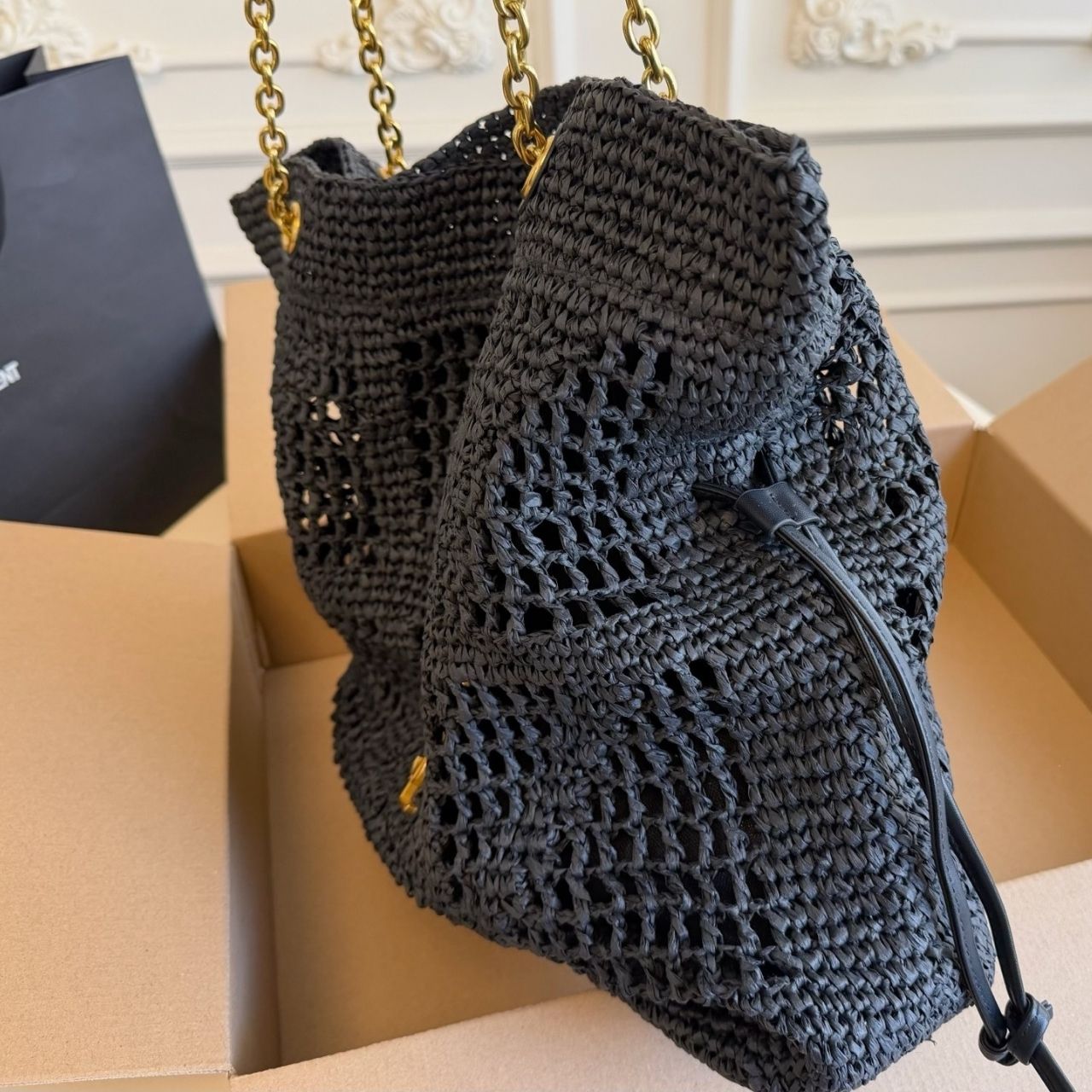 Saint Laurent Jamie Large Raffia Tote Bag Black 38Cm - Image 4