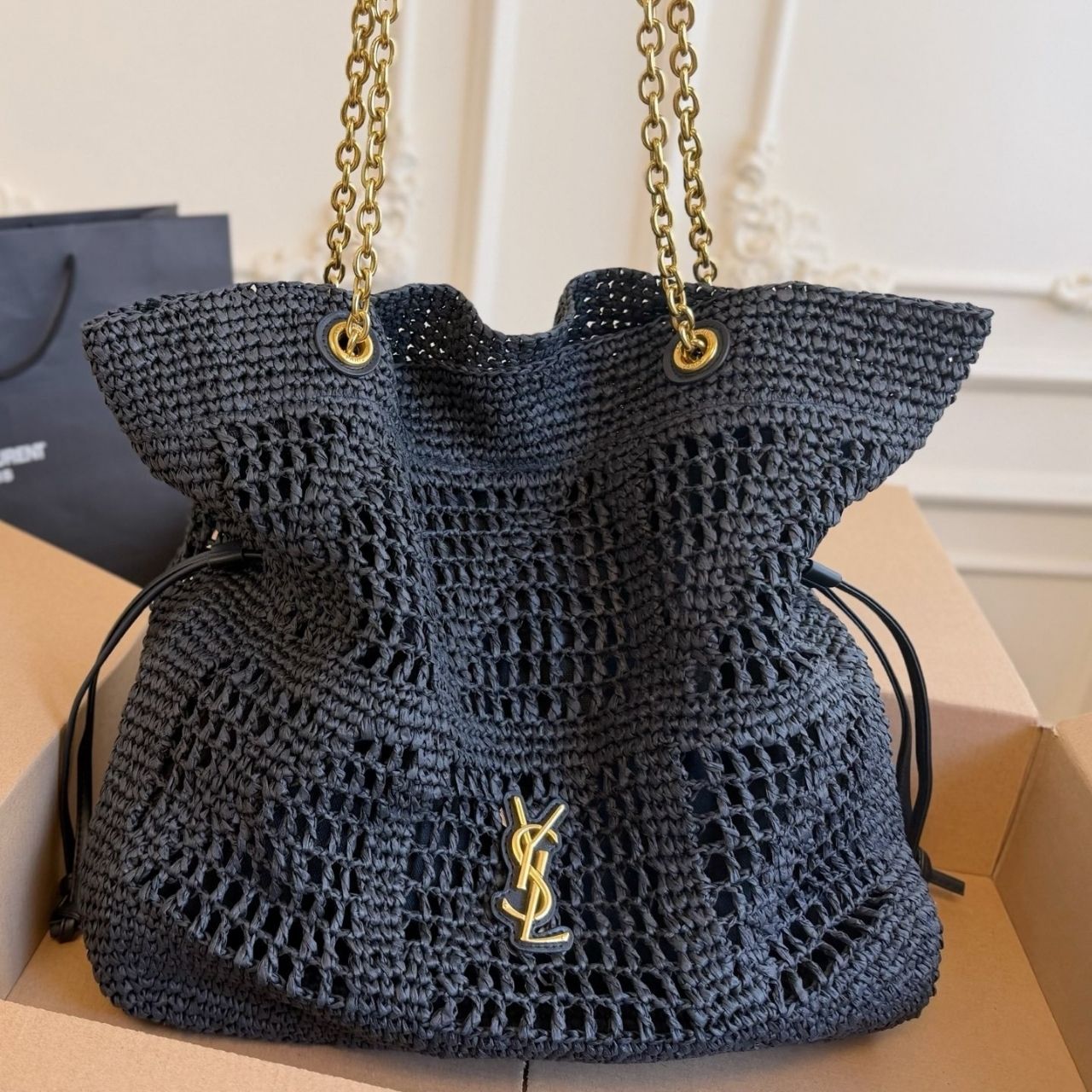 Saint Laurent Jamie Large Raffia Tote Bag Black 38Cm - Image 3