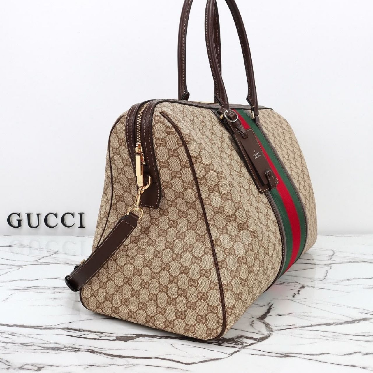Prestige Edition – Gucci Medium GG Duffle Bag With Web Sand And Dark Brown 47cm - Image 6