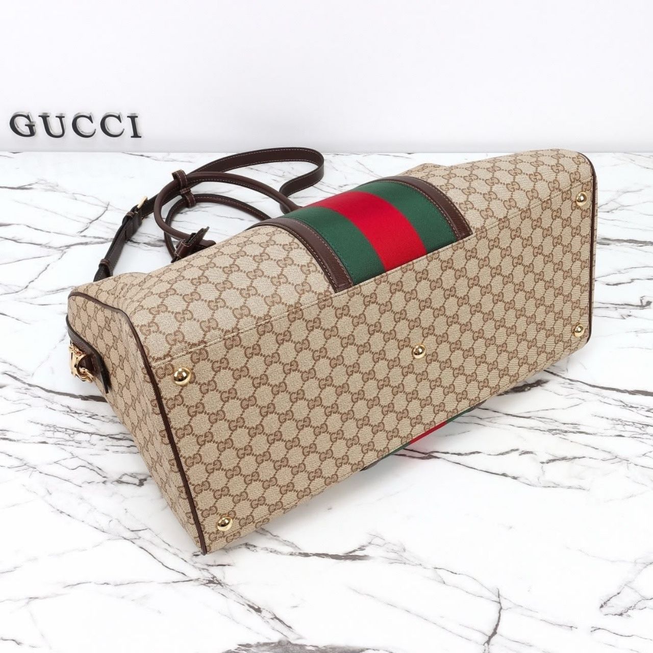Prestige Edition – Gucci Medium GG Duffle Bag With Web Sand And Dark Brown 47cm - Image 5