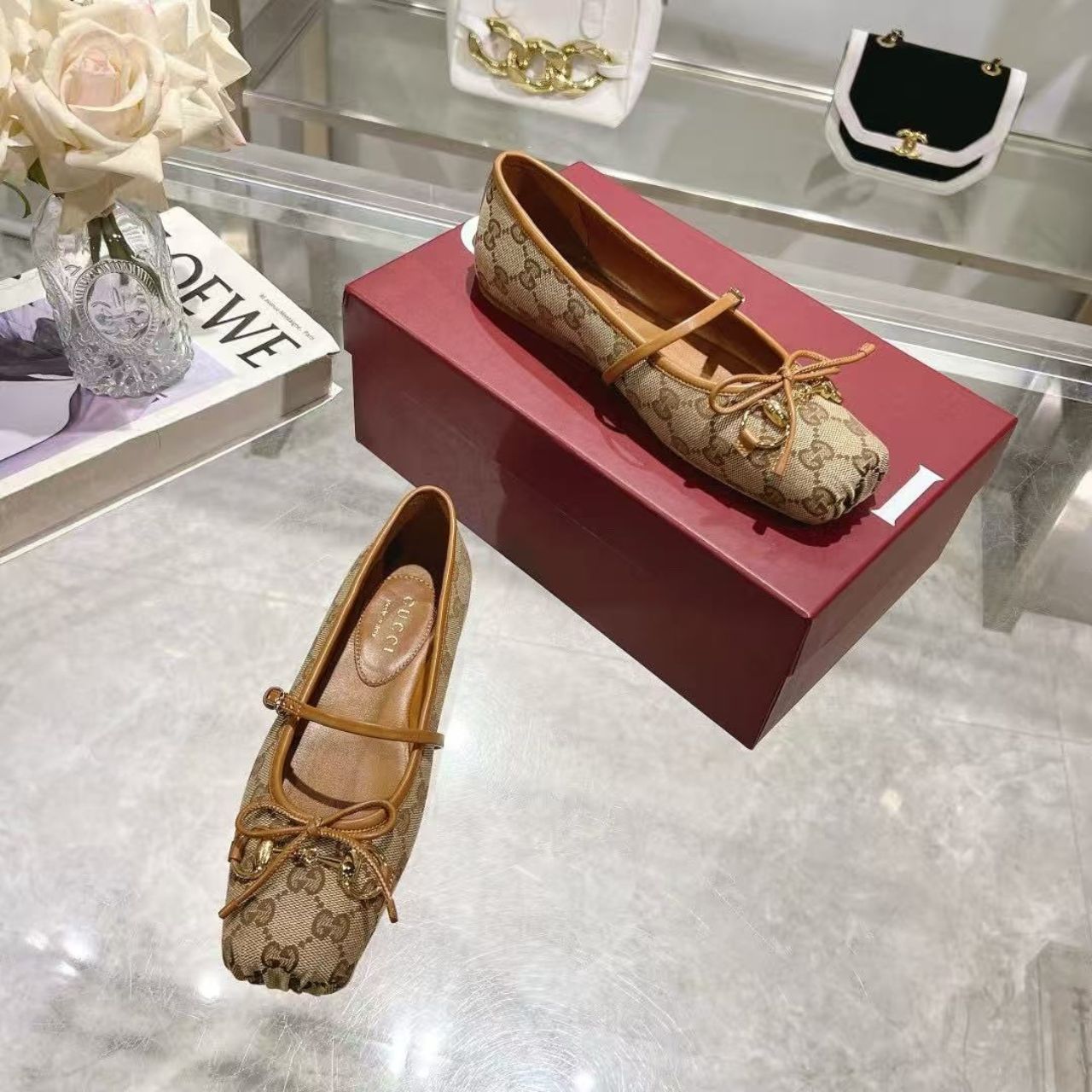 Gucci Horsebit Ballet Flat Beige And Dark Brown Original GG Canvas 814321 FAD6C 9745 - Image 4