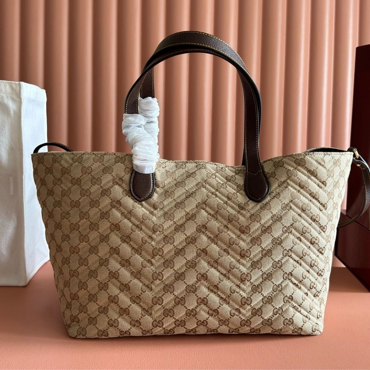 Gucci GG Marmont Medium Tote Bag Beige GG Canvas Brown 35Cm - Image 3