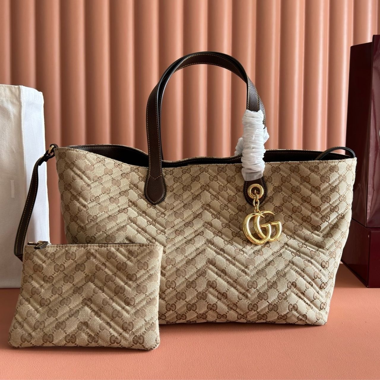 Gucci GG Marmont Medium Tote Bag Beige GG Canvas Brown 35Cm - Image 4