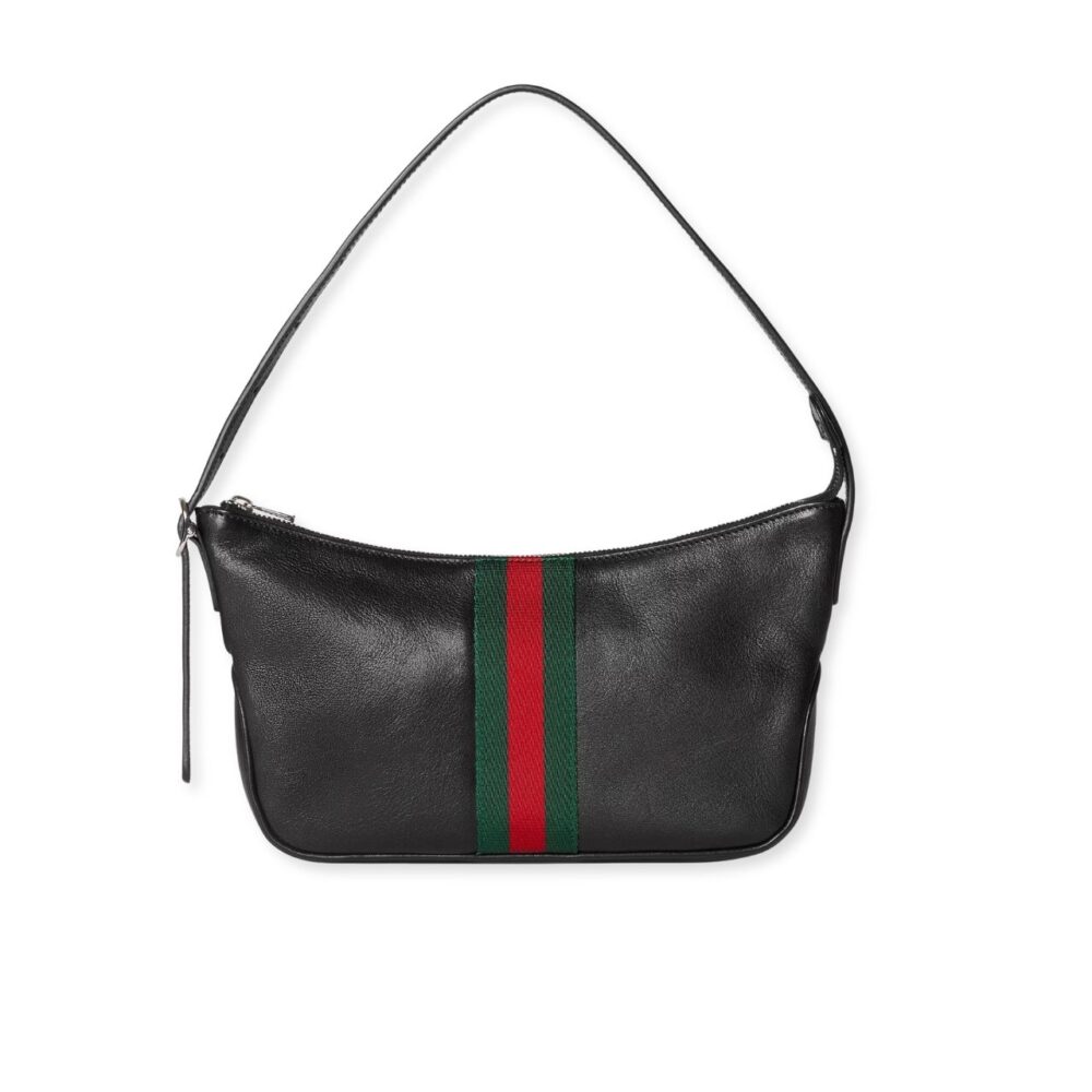 Gucci Lunetta Small Shoulder Bag Black Leather With Web Stripe 22Cm