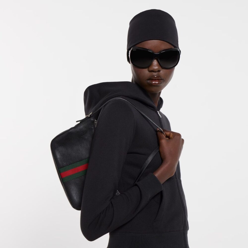 Alternative view of Gucci Lunetta Small Shoulder Bag Black Leather With Web Stripe 22Cm