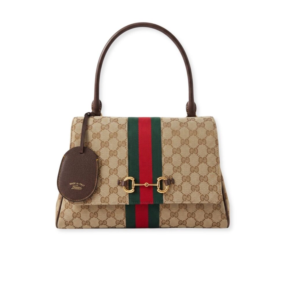 Gucci Paparazzo Medium Top Handle Bag Beige Ebony GG Canvas With Web Stripe 32Cm