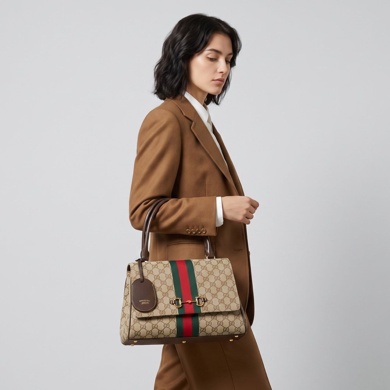 Gucci Paparazzo Medium Top Handle Bag Beige Ebony GG Canvas With Web Stripe 32Cm - Image 2