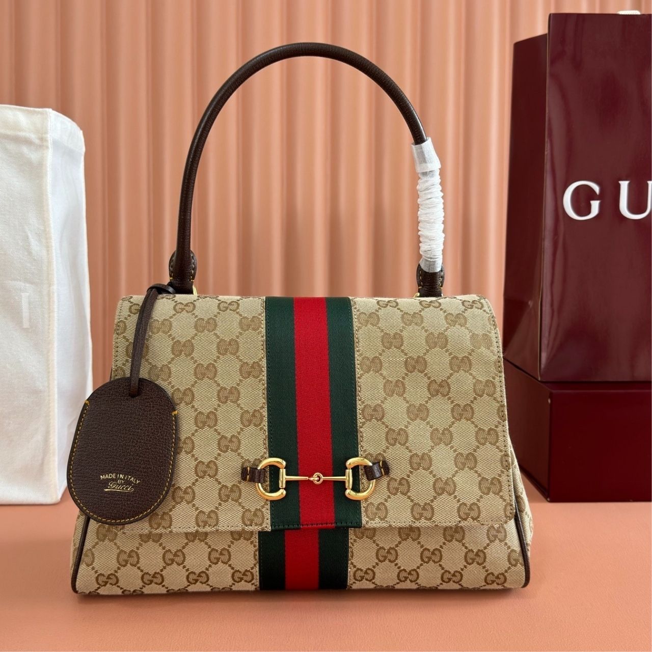 Gucci Paparazzo Medium Top Handle Bag Beige Ebony GG Canvas With Web Stripe 32Cm - Image 3
