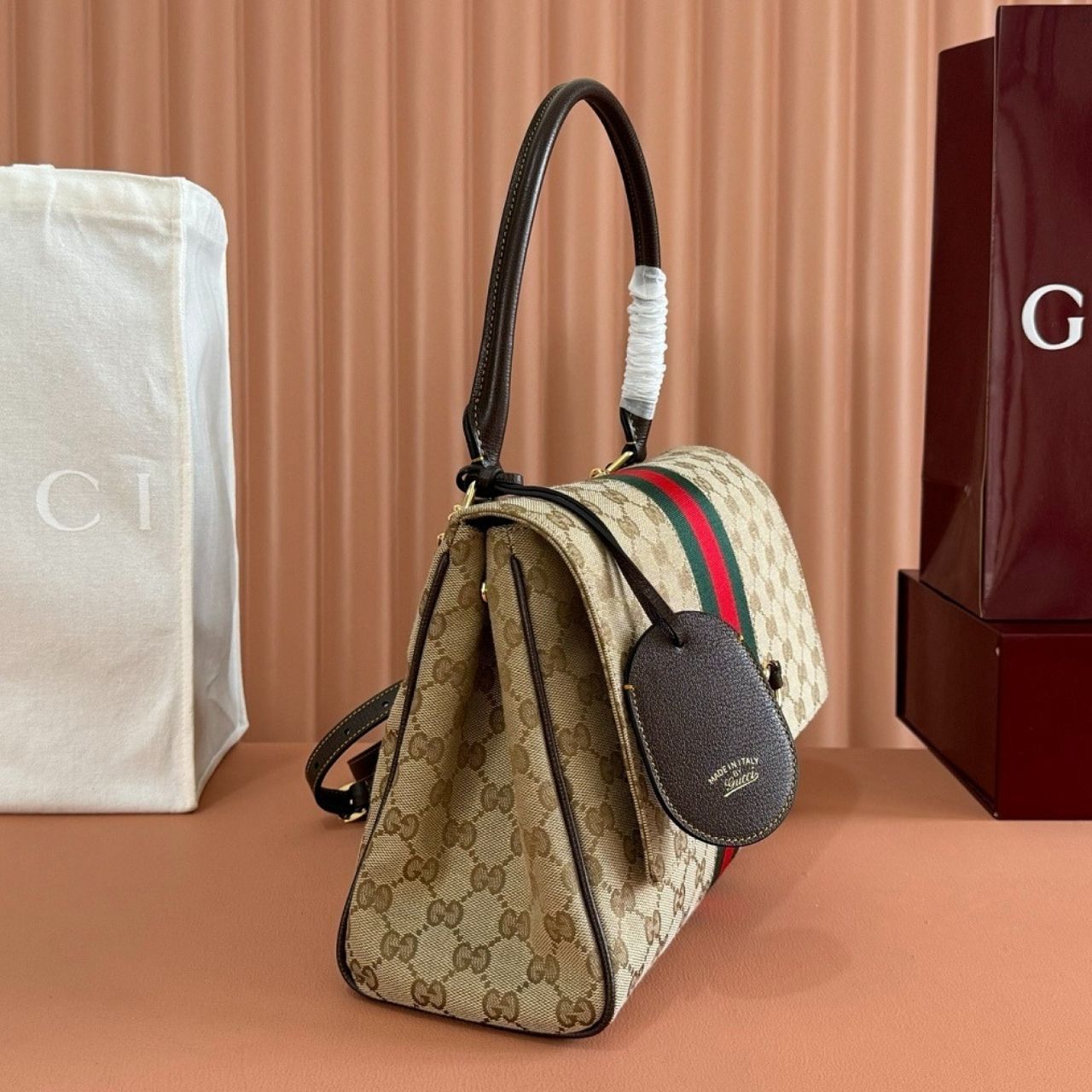 Gucci Paparazzo Medium Top Handle Bag Beige Ebony GG Canvas With Web Stripe 32Cm - Image 5